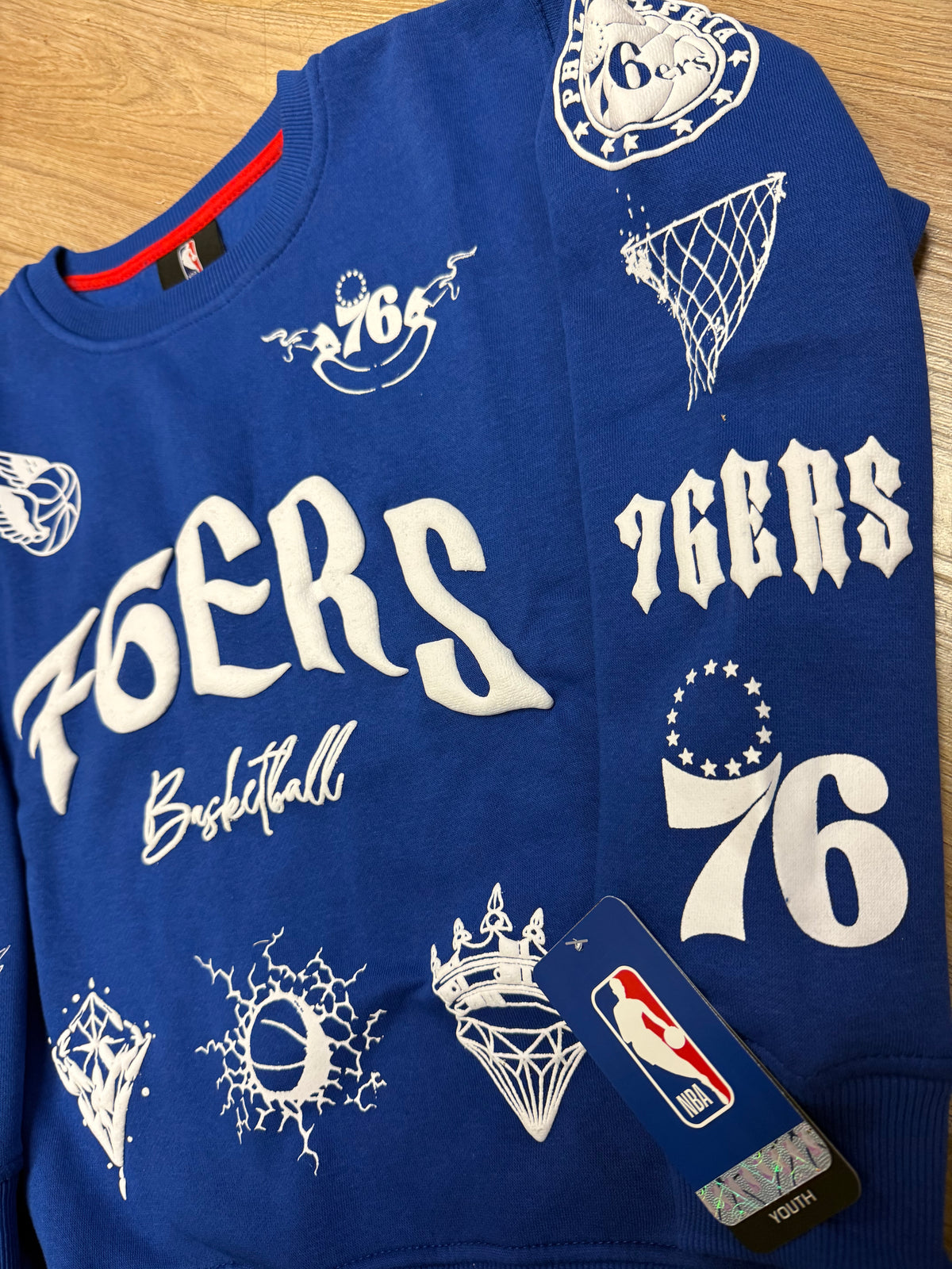 Kids Sixers Over the Top Puff Crew Sweatshirt