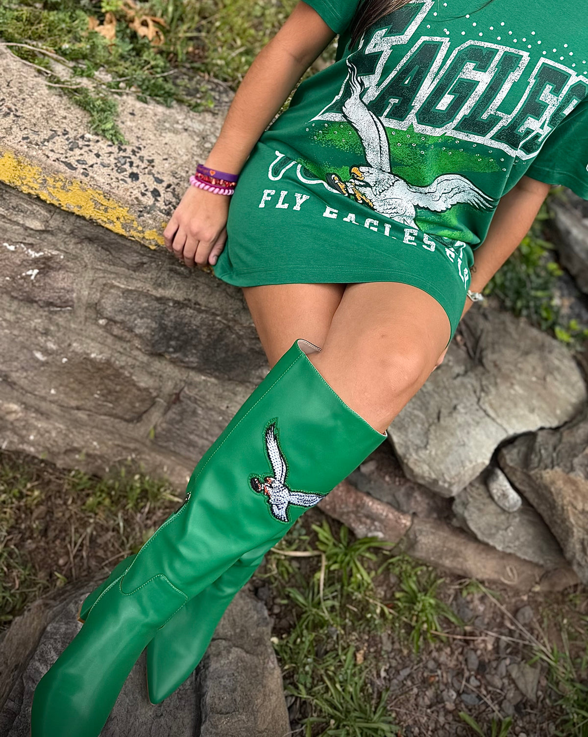 Kelly green vegan leather Retro Eagle high boots