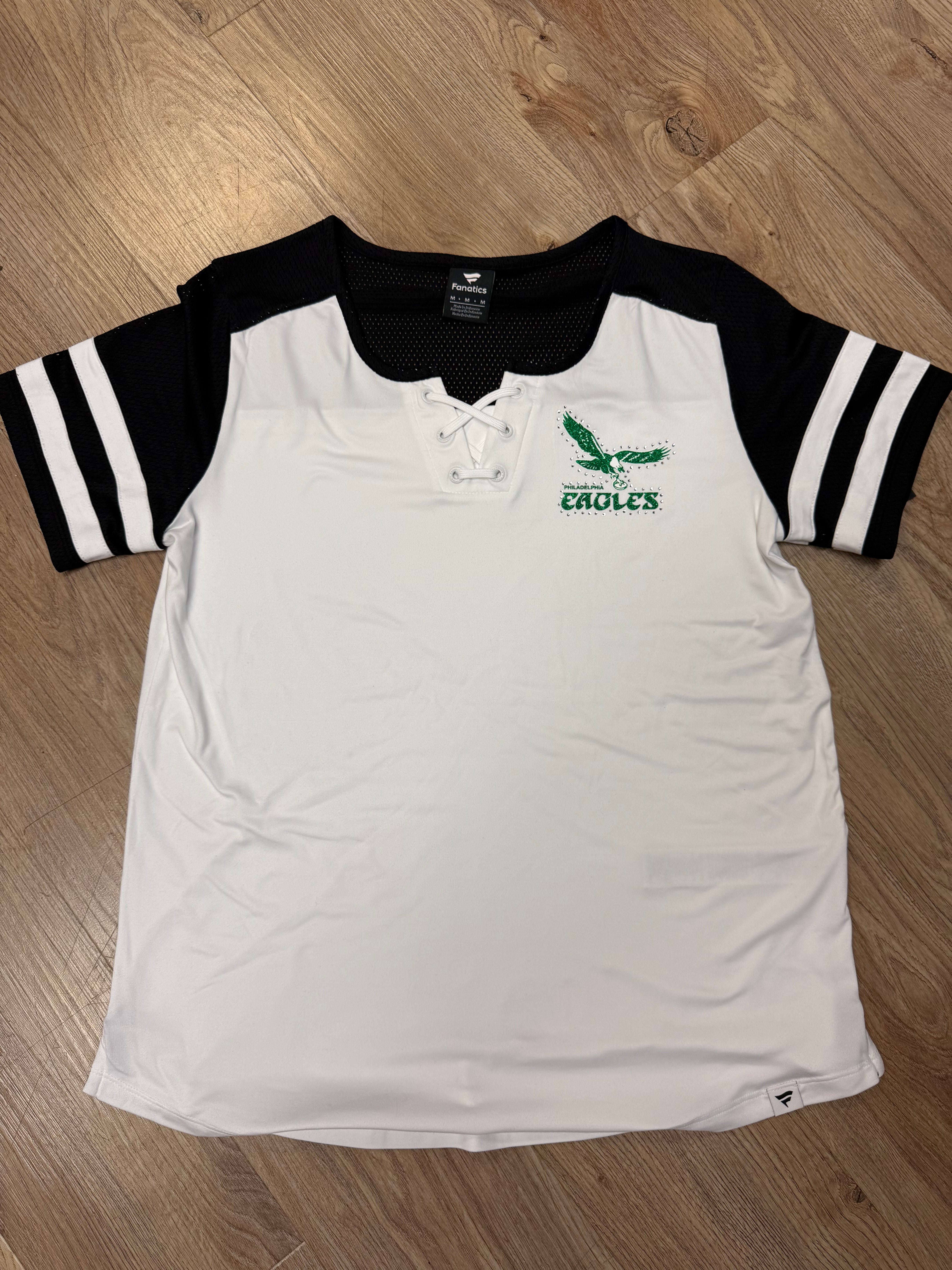 Ladies Eagles throwback glitz touchdown pass lace up tee