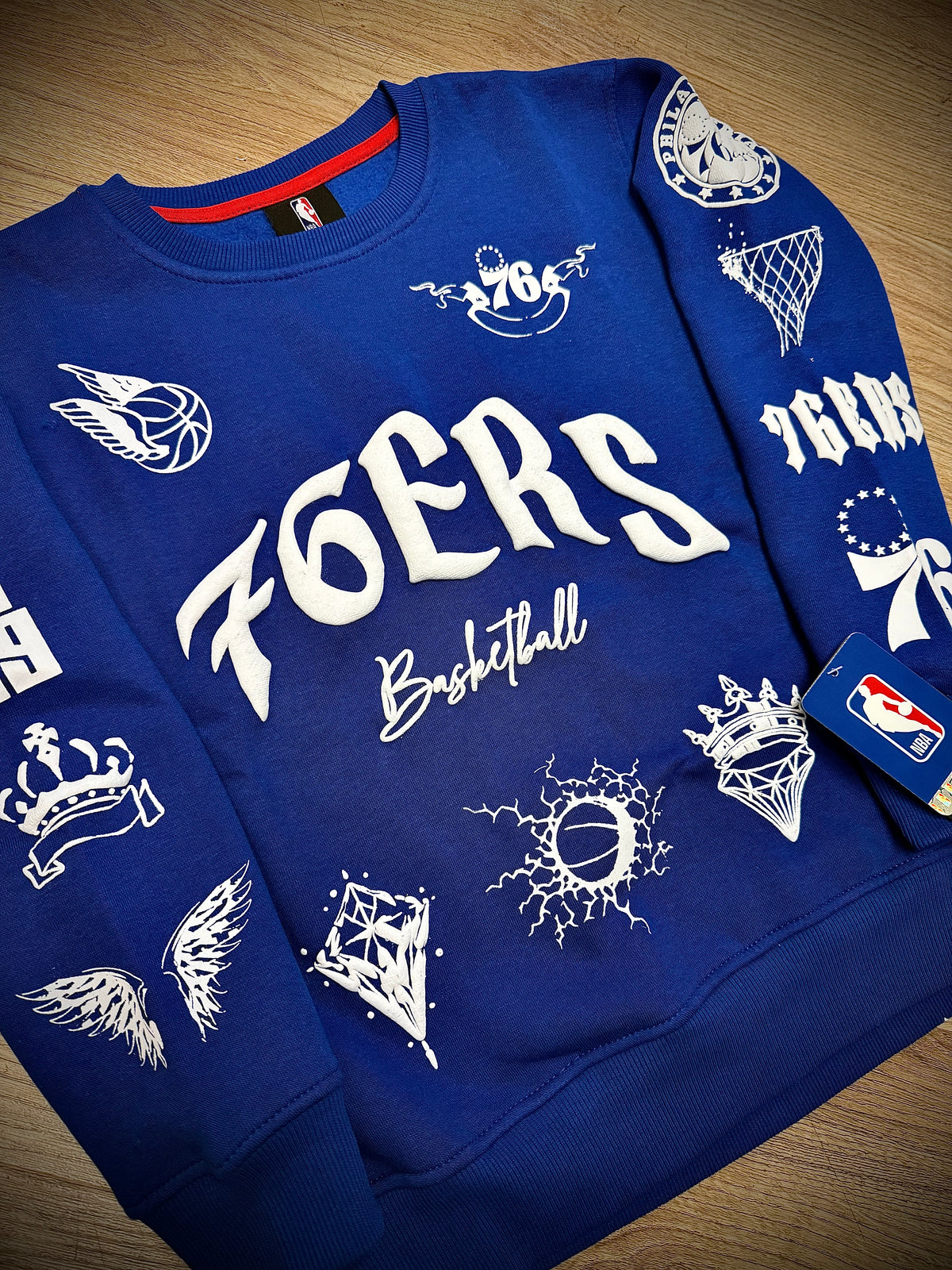 Kids Sixers Over the Top Puff Crew Sweatshirt