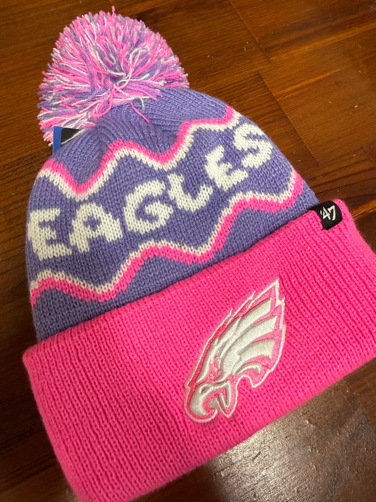 Girls Eagles Aster Purple Squiggle Cuff Knit Pom Hat