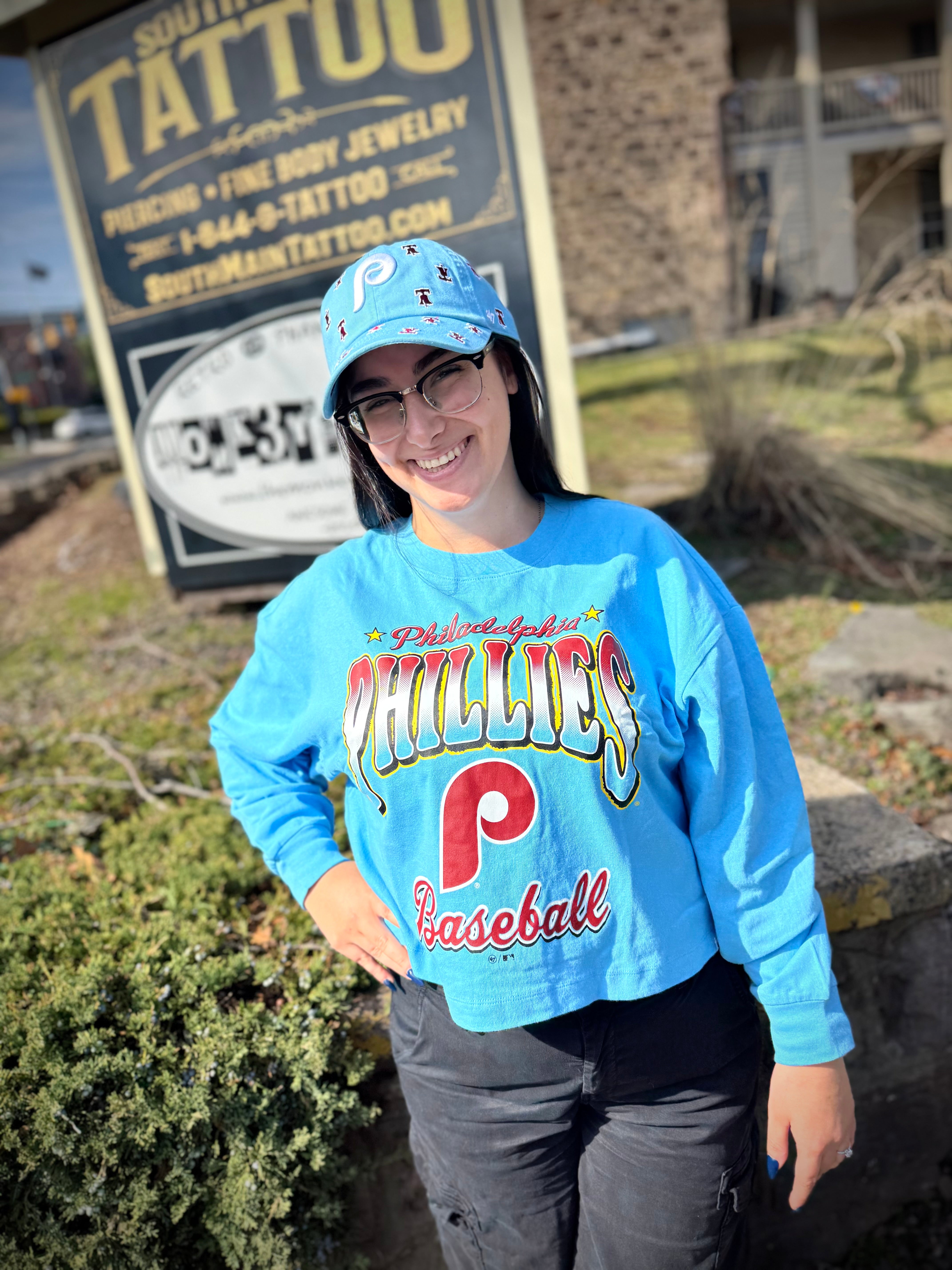 Ladies Phillies Powder Blue Vibe Check Sydney Long Sleeve Tee