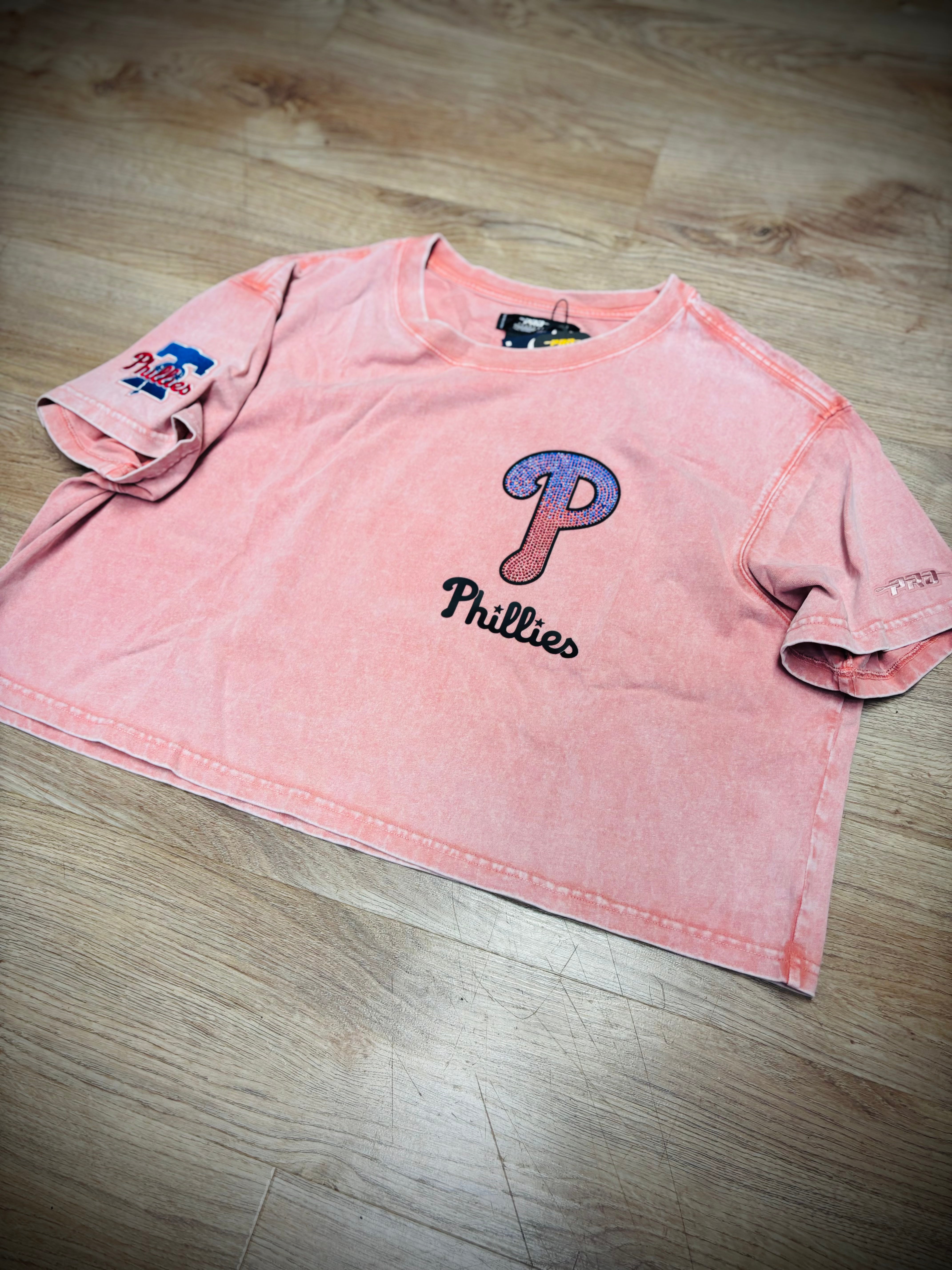 Ladies Phillies Enzyme Wash Jeweled Boxy Tee