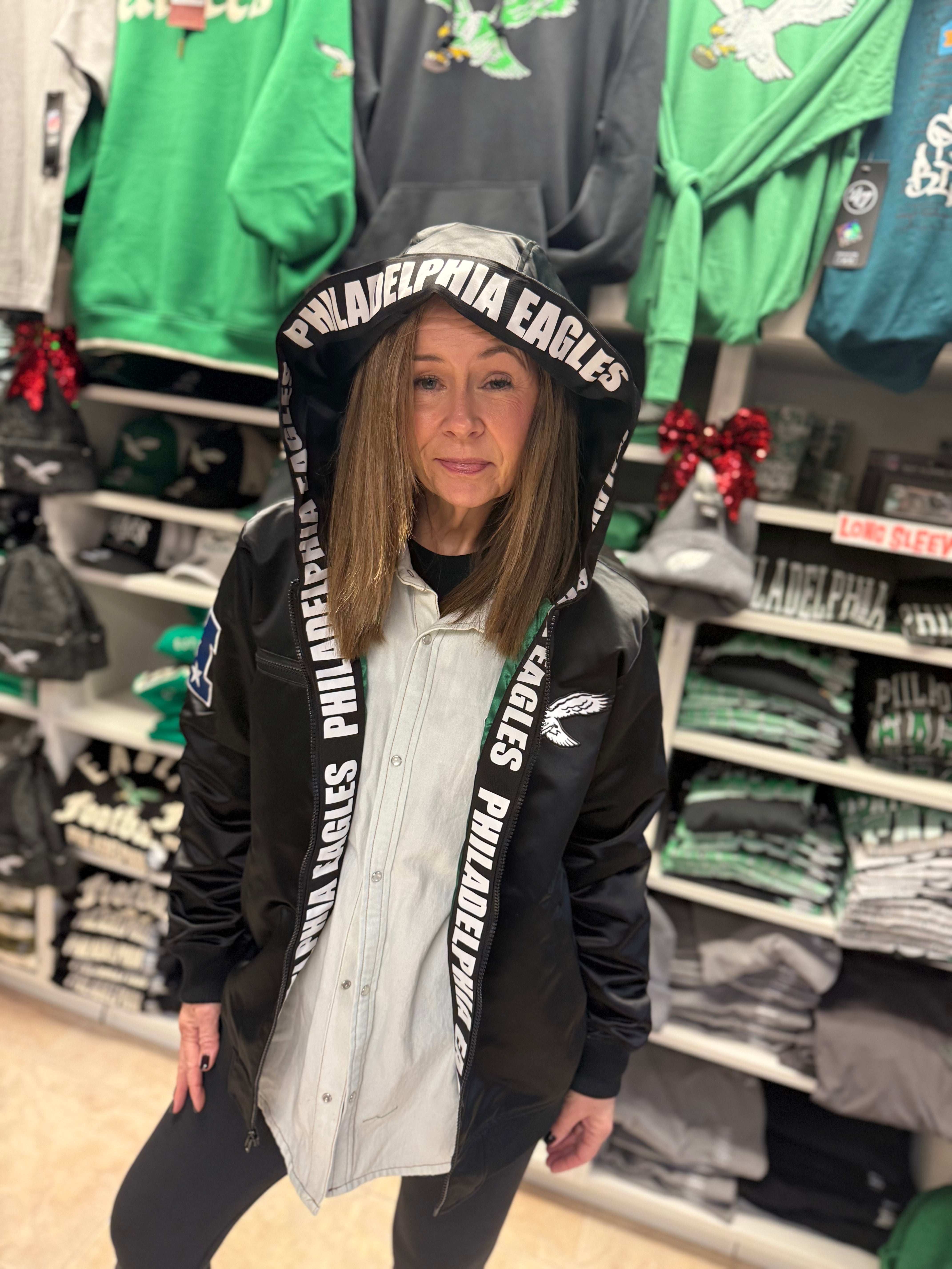 Eagles Walk the Tunnel Hooded Bomber Satin Jacket