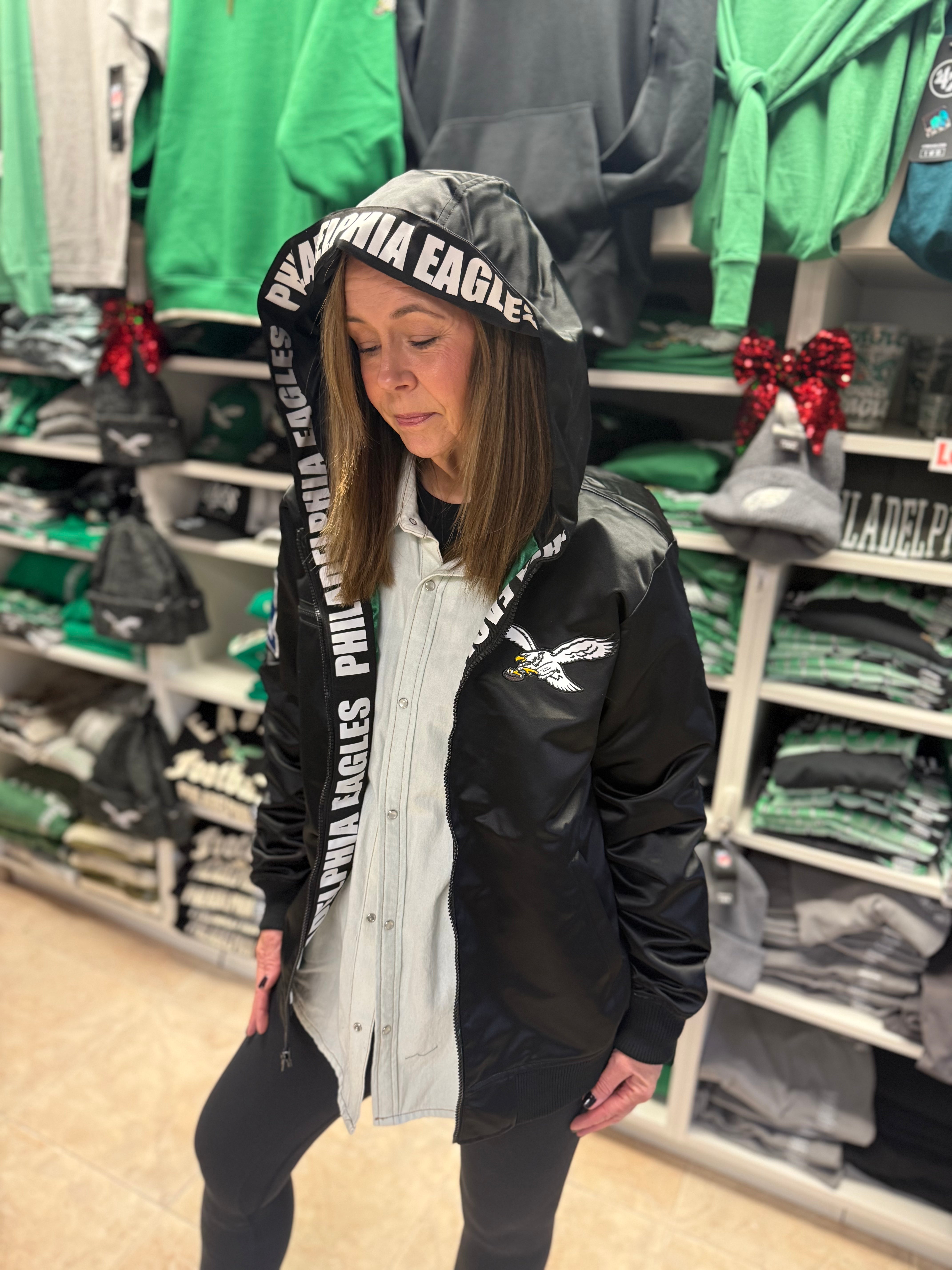 Eagles Walk the Tunnel Hooded Bomber Satin Jacket