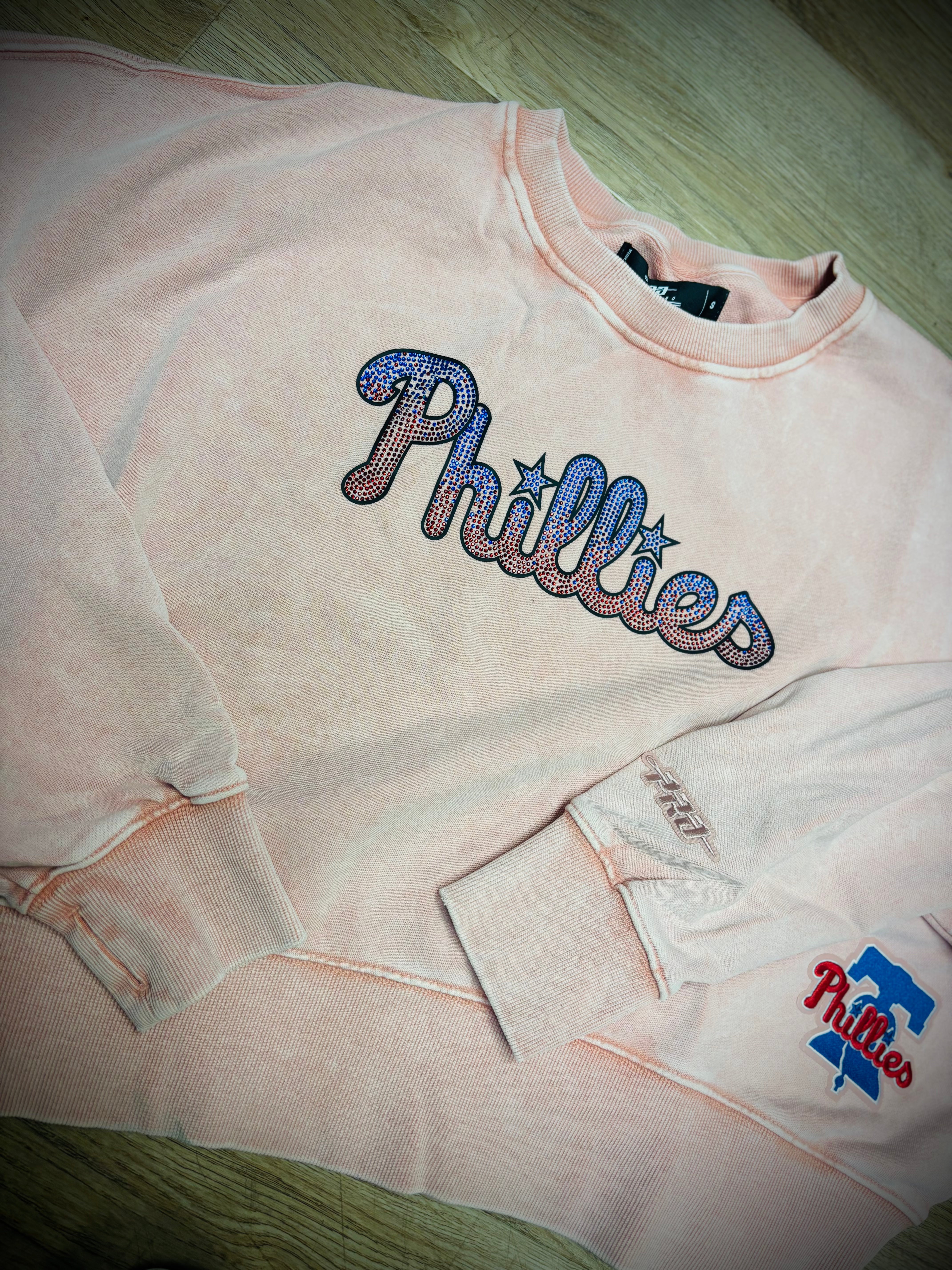 Ladies Phillies Enzyme Wash Jeweled Crew Neck Boxy Sweatshirt