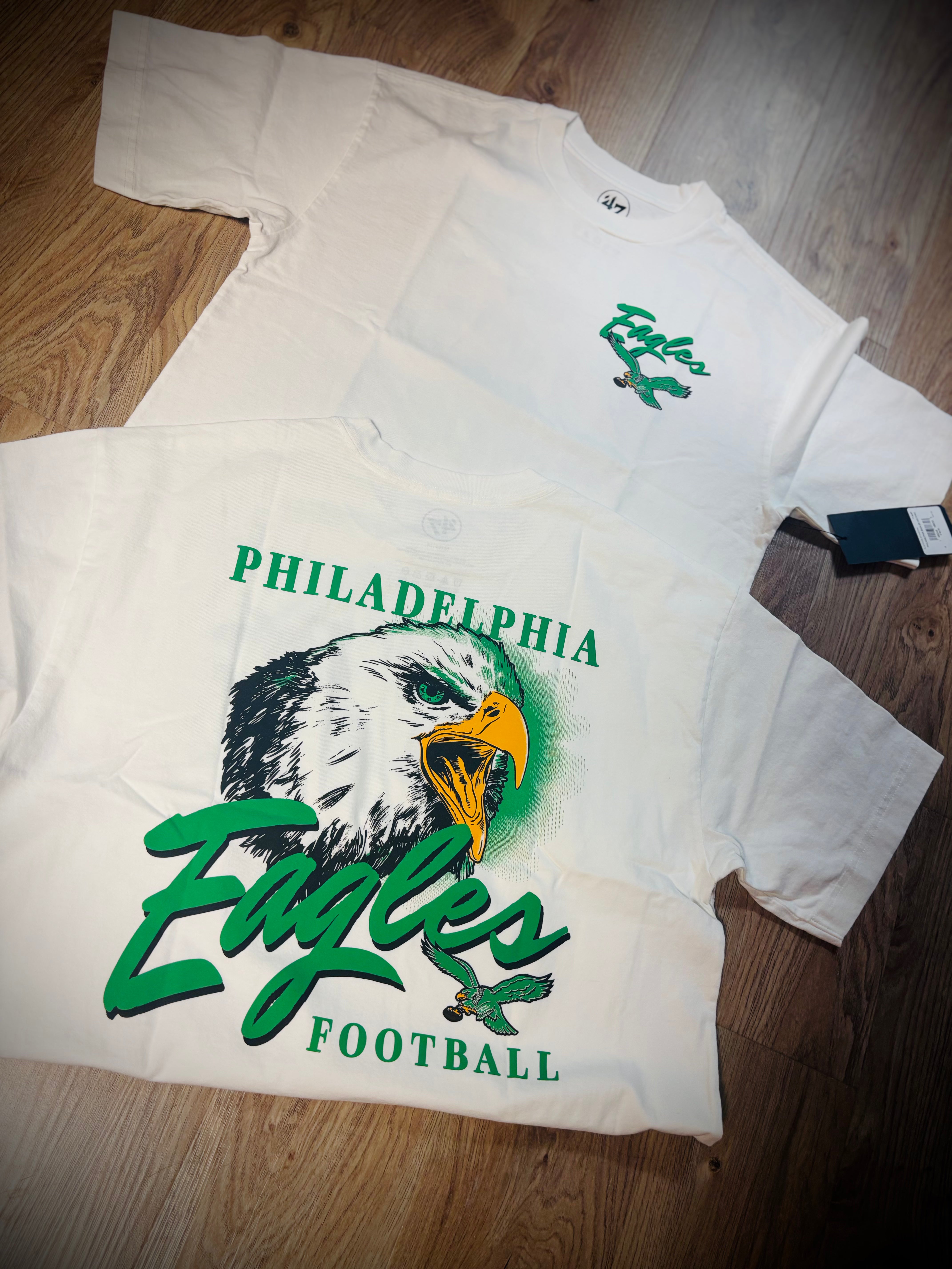 Eagles In Script Eagles Historic White Script Bird Front Back tee – Monkey's Uncle