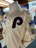 Phillies Throwback Cream Pin Stripped Satin Jacket With Patches