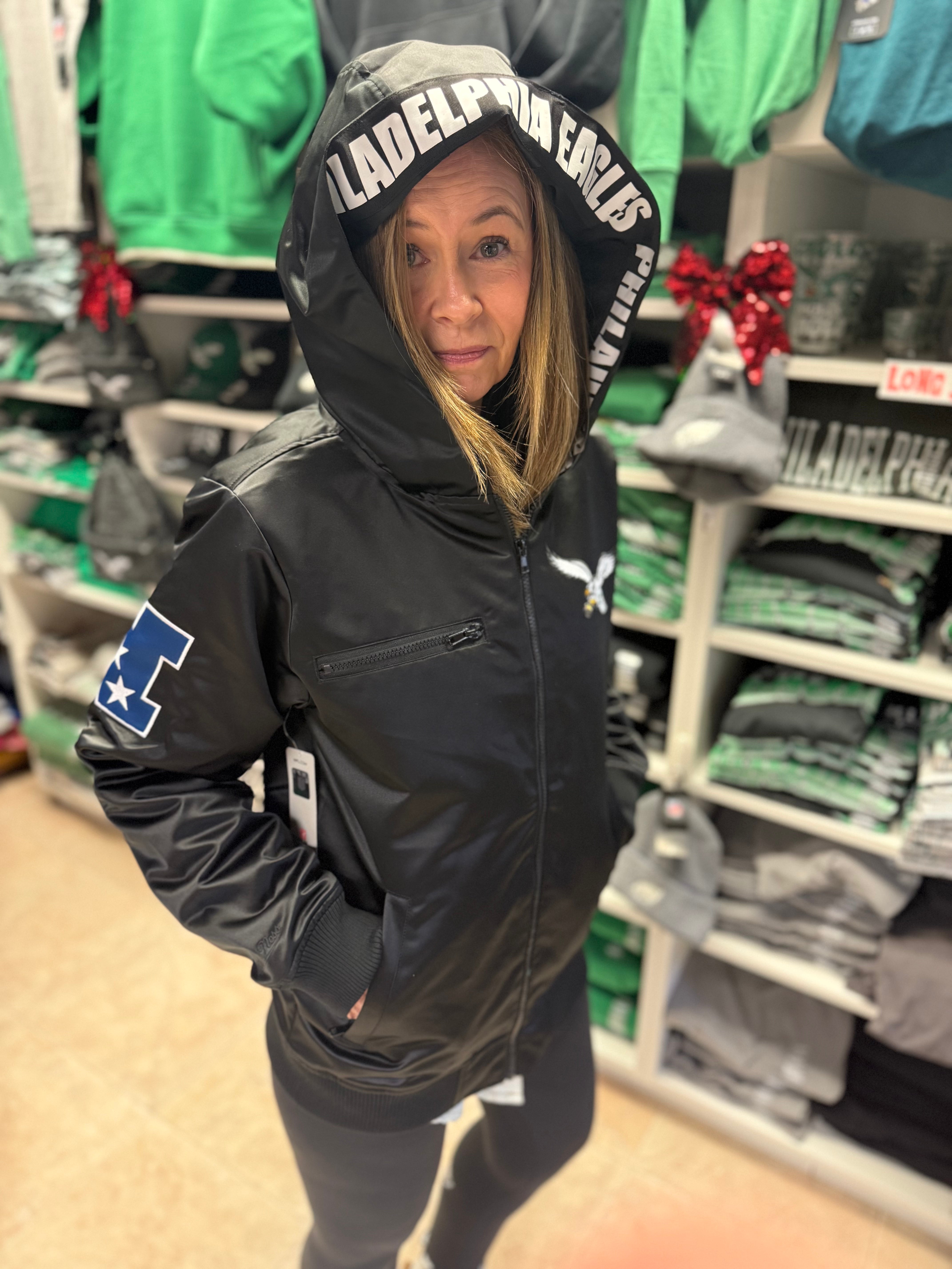 Eagles Walk the Tunnel Hooded Bomber Satin Jacket