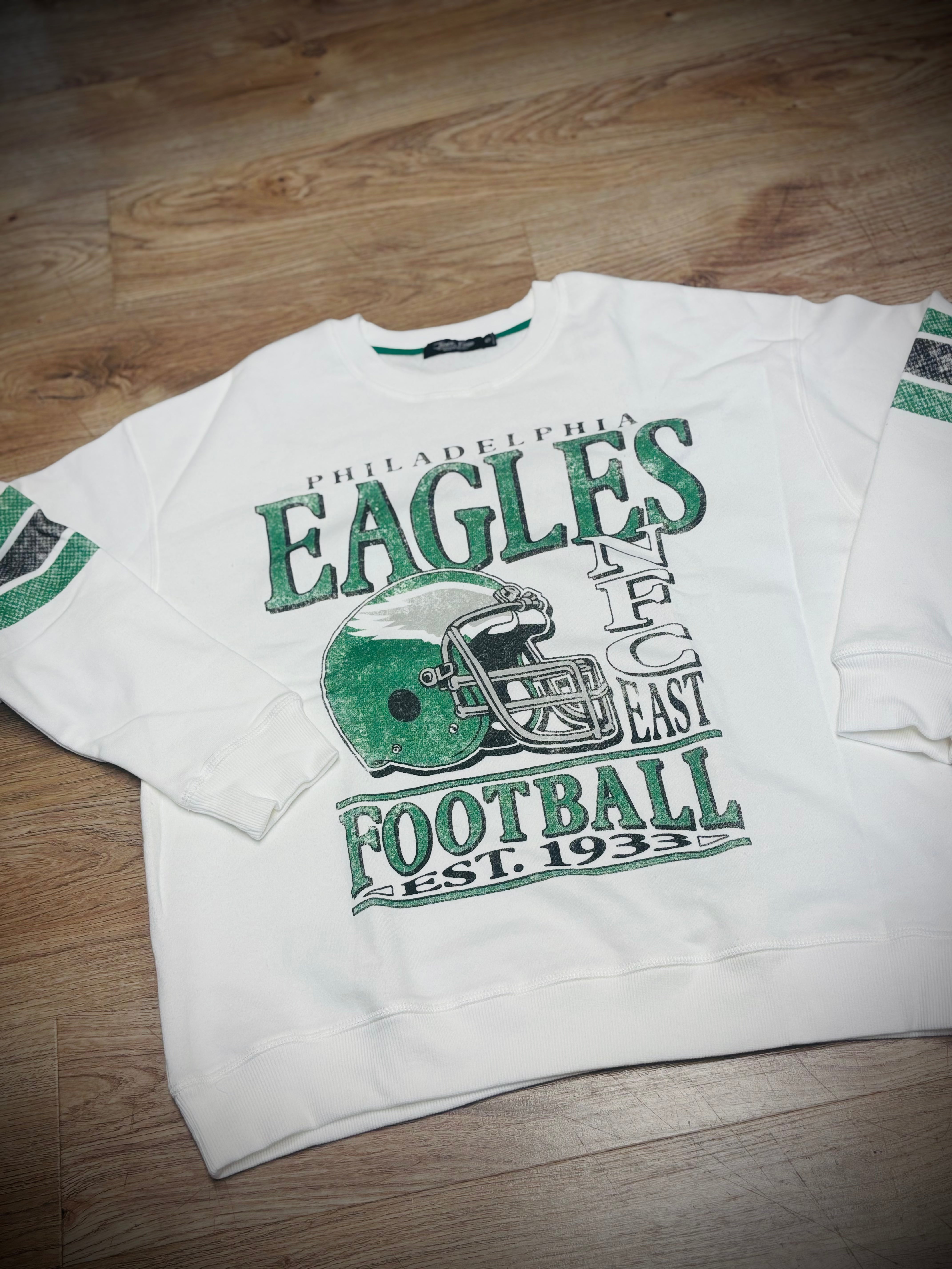 Ladies Eagles Oversized Vintage White Striped Crew Fleece