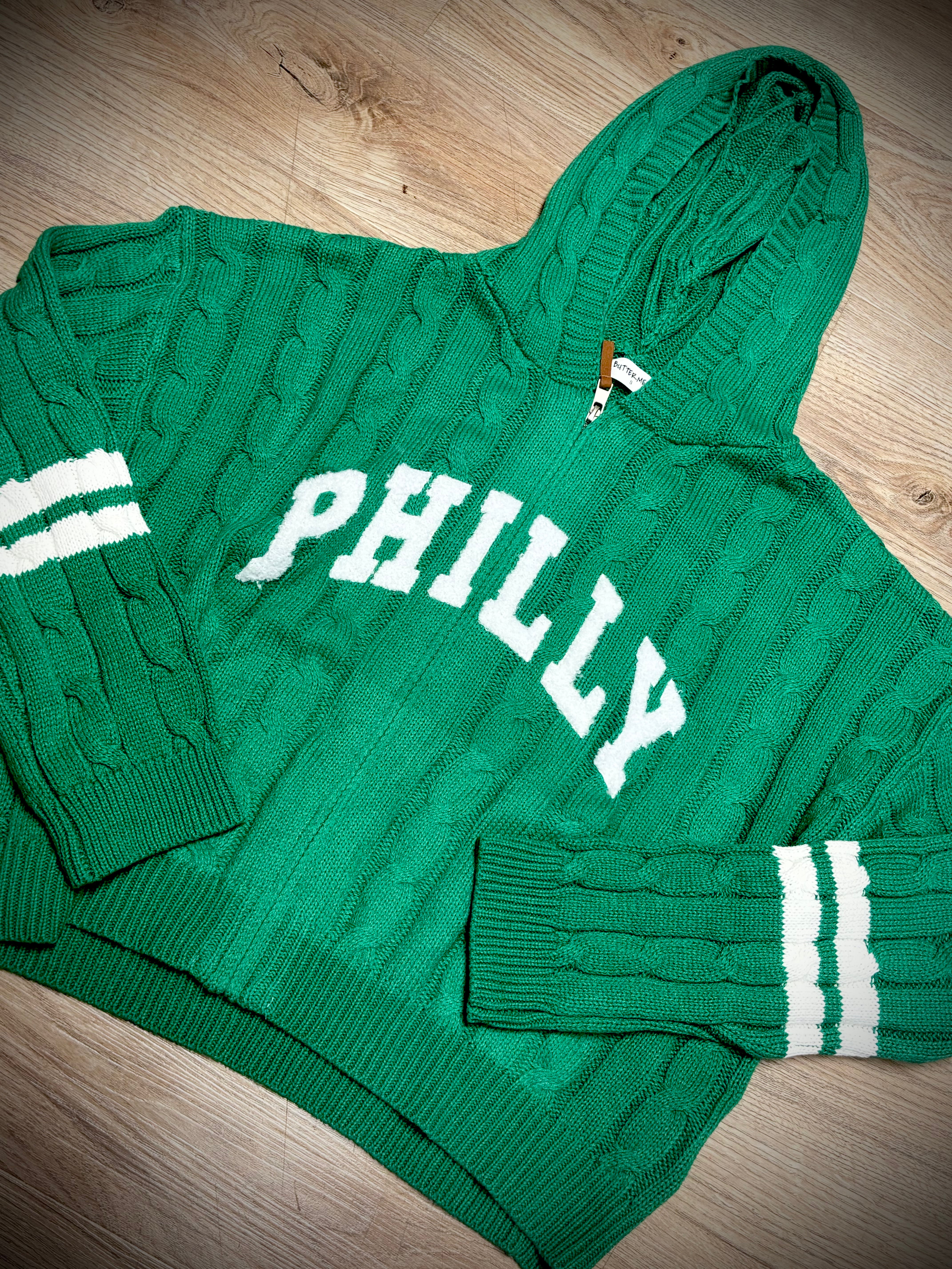 Philly Cable Kelly Green ZIP Sweater Hood