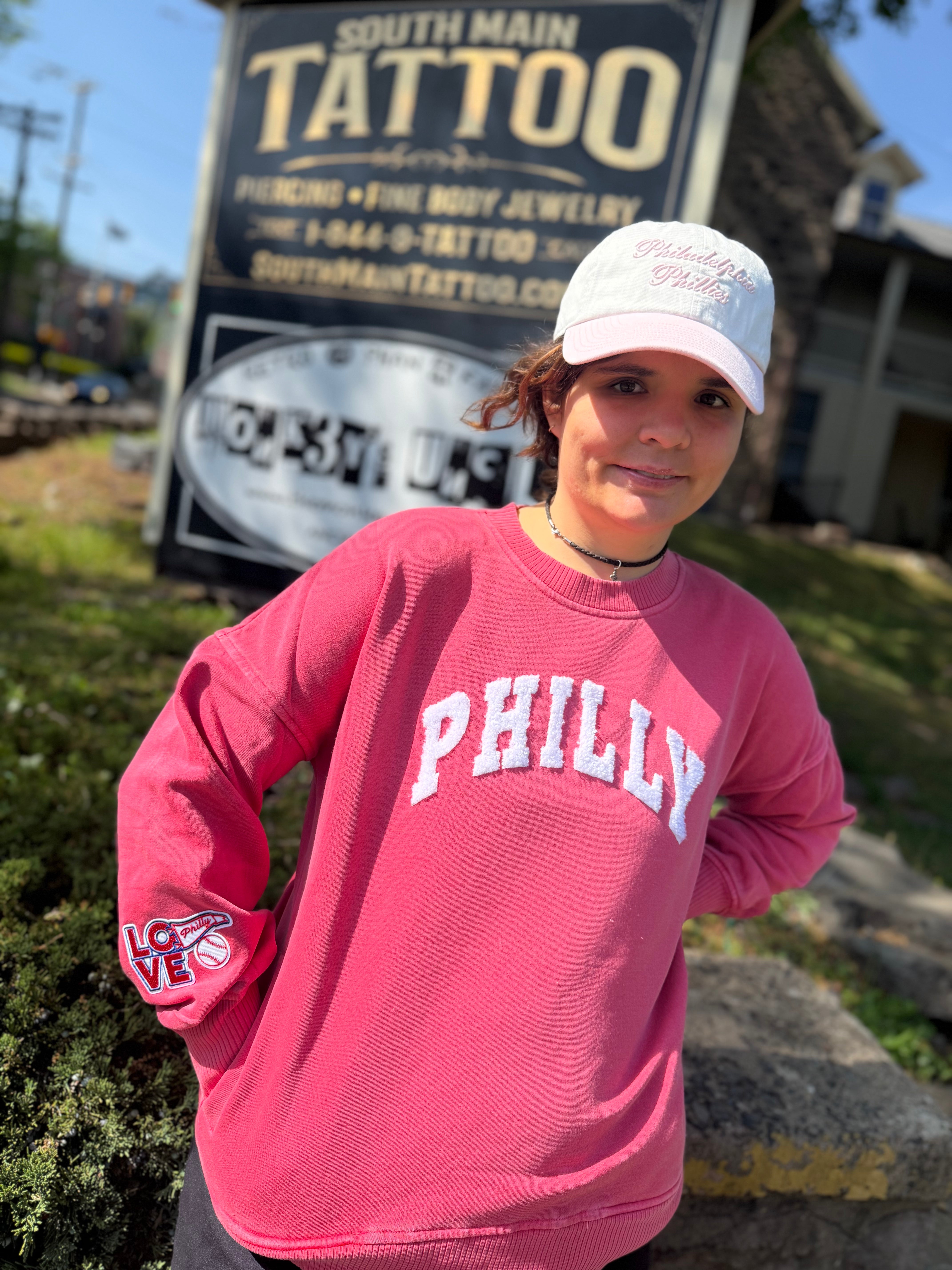 Ladies Philly Washed Red Crew Sweatshirt