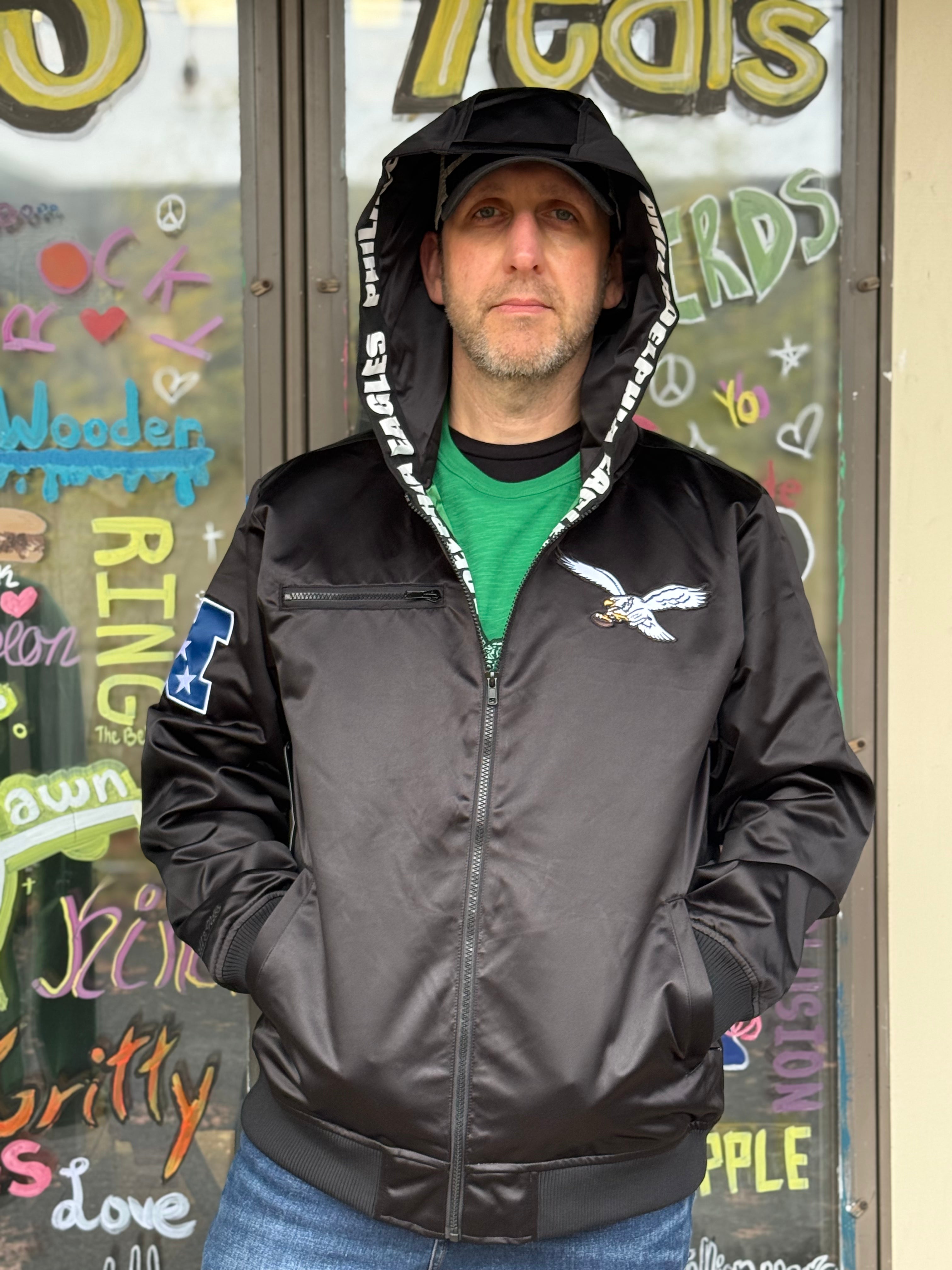 Eagles Walk the Tunnel Hooded Bomber Satin Jacket