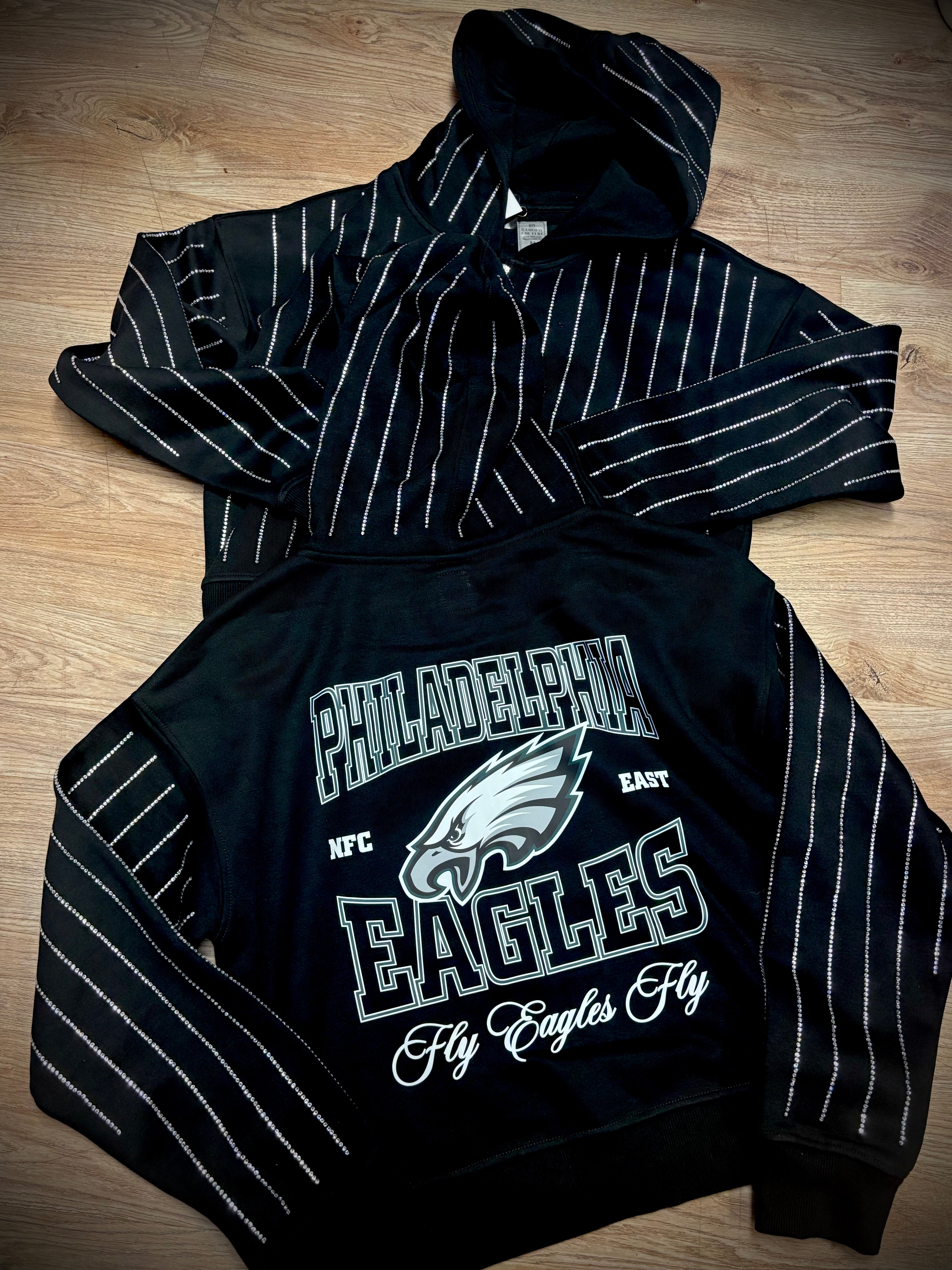 Ladies Eagles Rhine Stone Stripped Full Zip Hooded Jacket