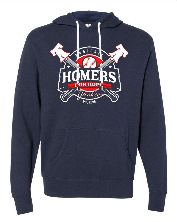 Navy blue hoodie with 'HOMERS FOR HOPE' logo on a white background