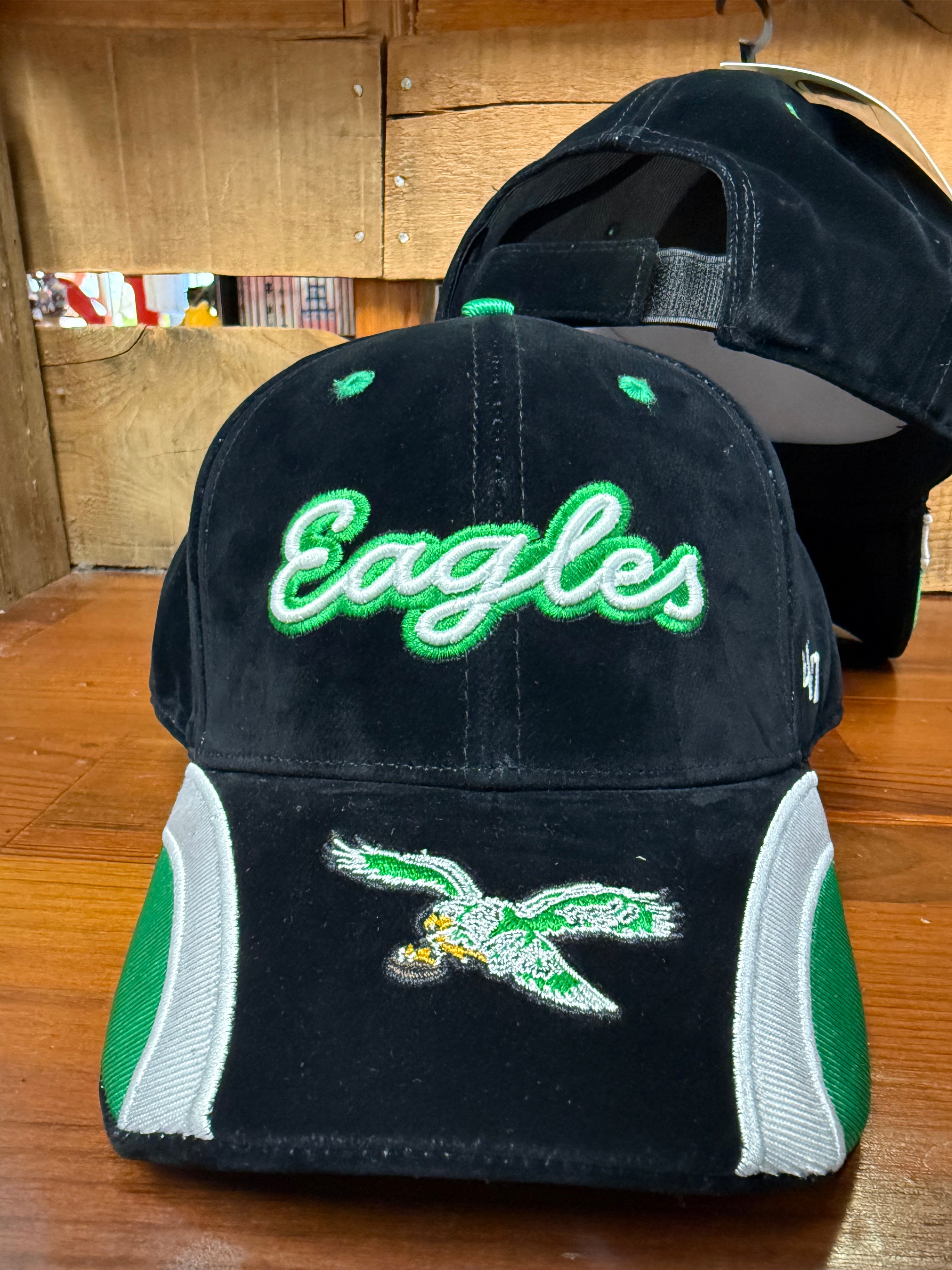 Ladies Eagles Black Velvet Denim Script Hat