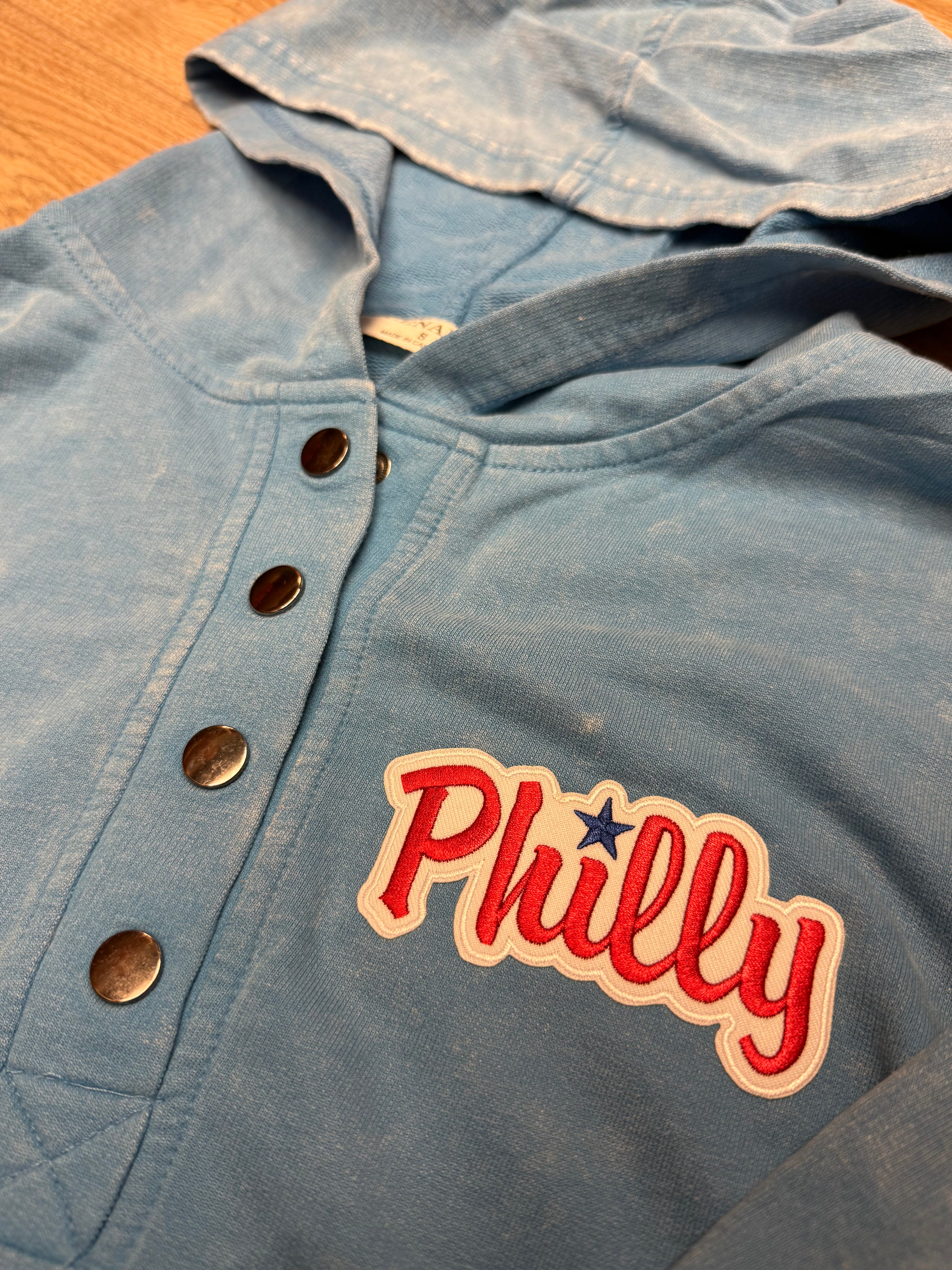 Ladies Philly Blue Burn Out 1/4 snap Hoodie