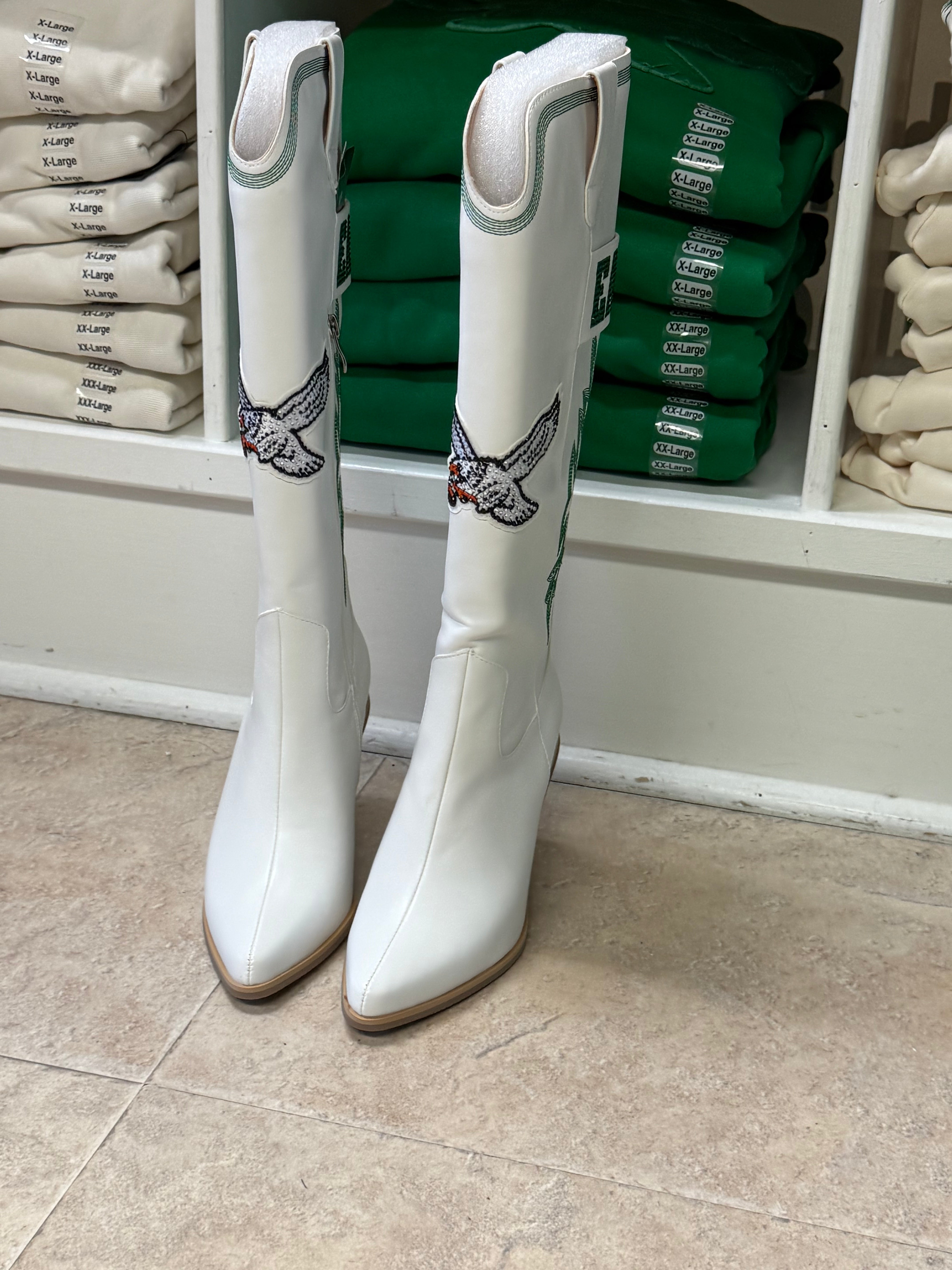 Ladies Eagles White Knee High Embroidered Boots
