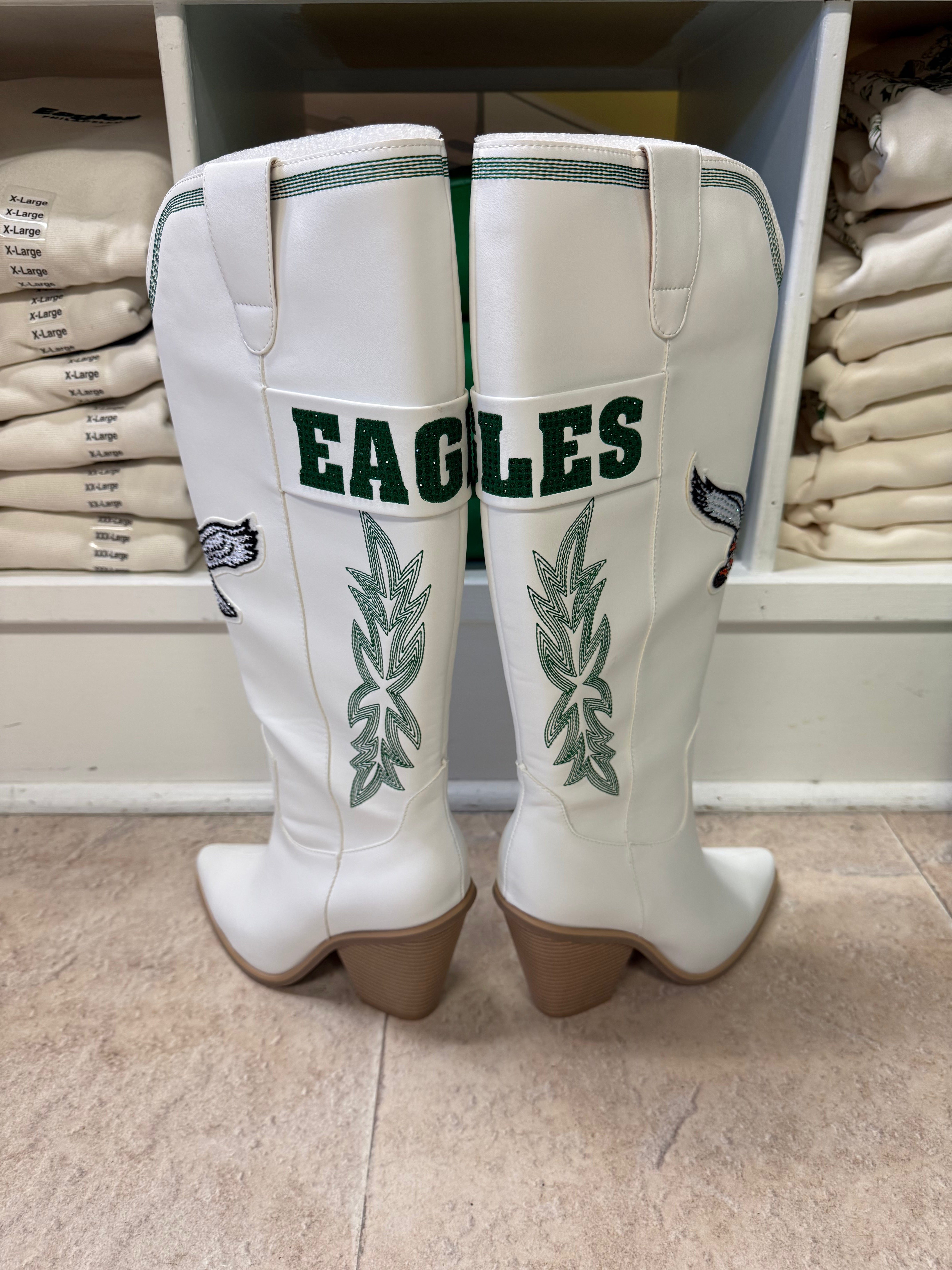 Ladies Eagles White Knee High Embroidered Boots