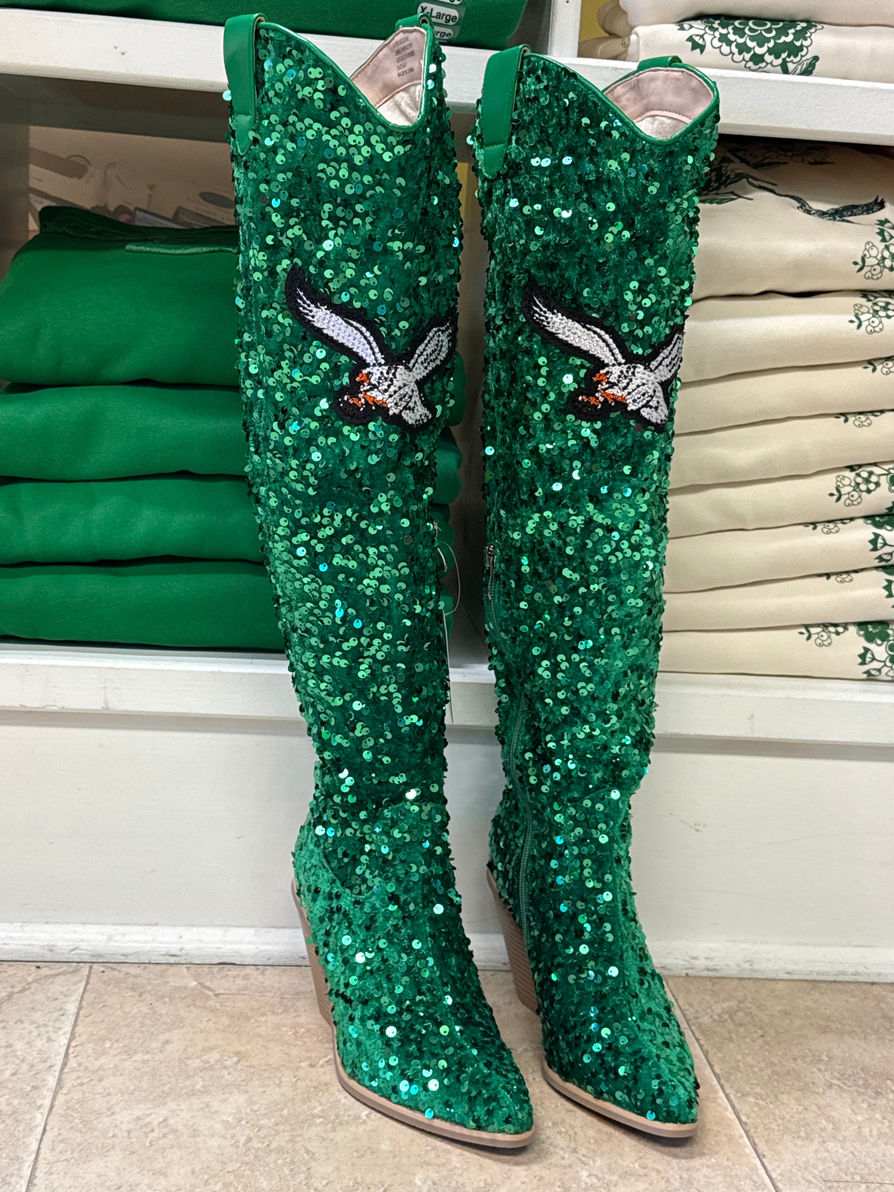 Ladies Eagles Sequins Kelly Green Over the Knee Bling Boots