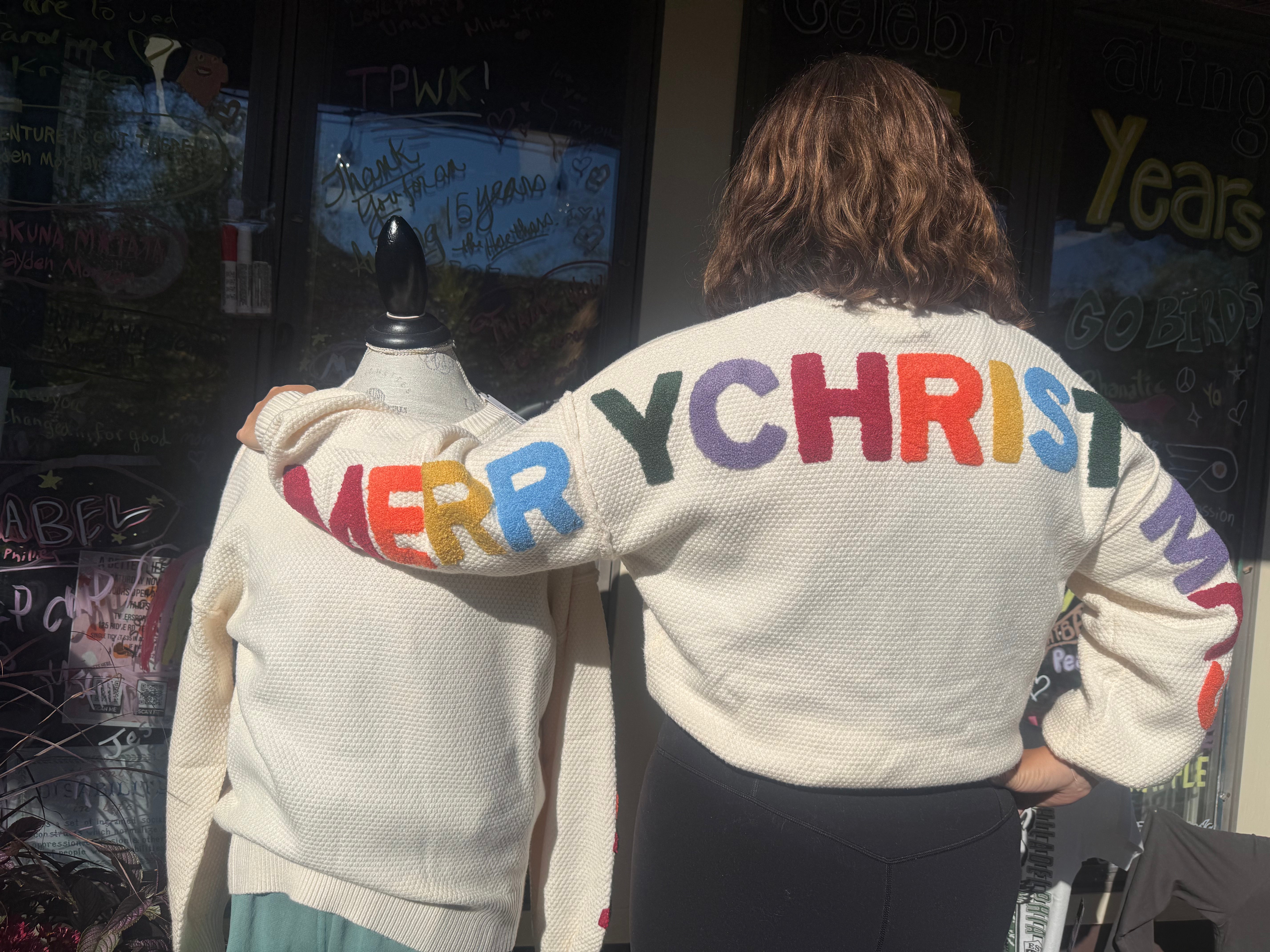 Merry Christmas Rainbow chenille Lettering Knit Sweater