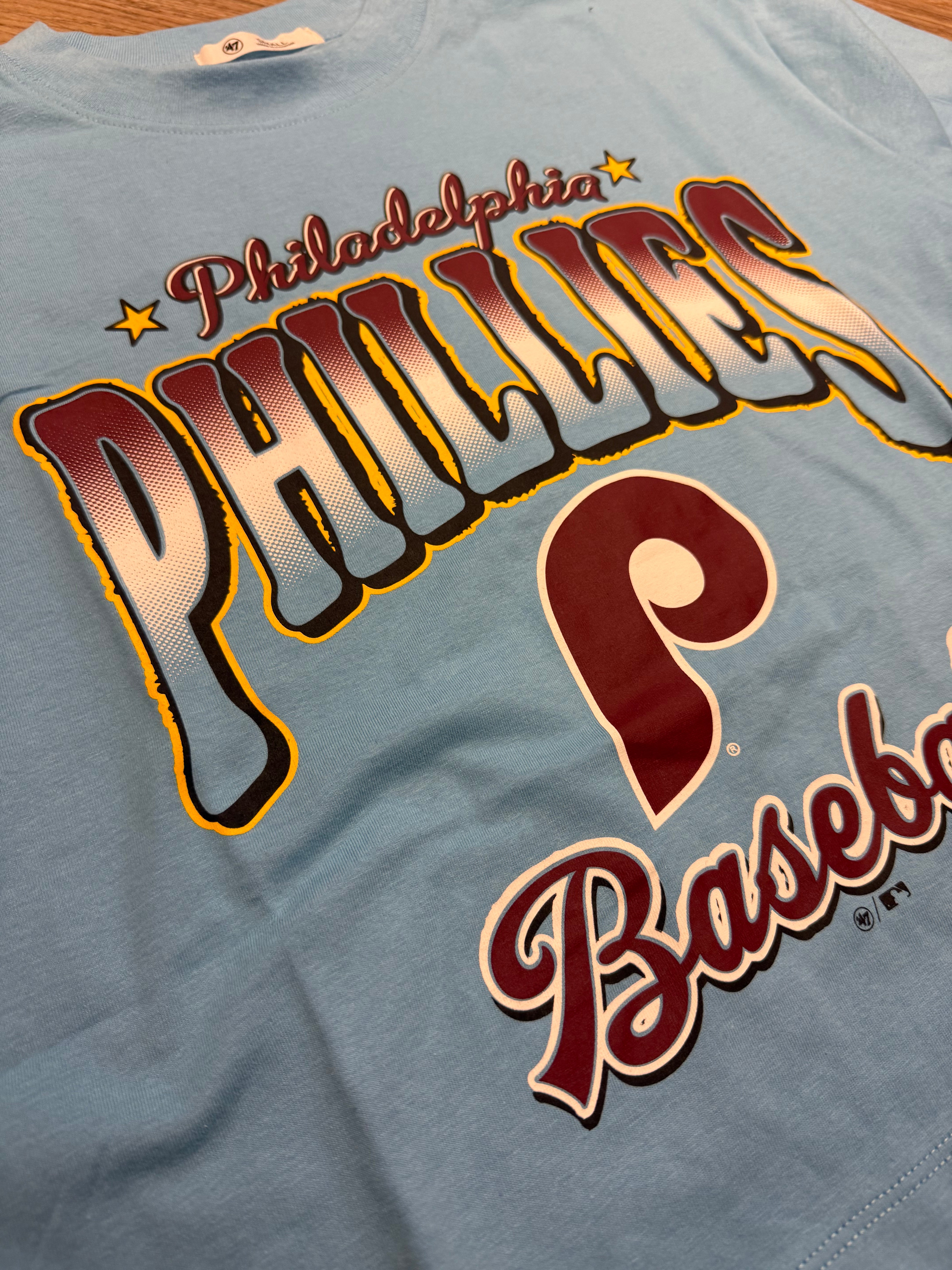 Ladies Phillies Powder Blue Vibe Check Reed City Crop Tee