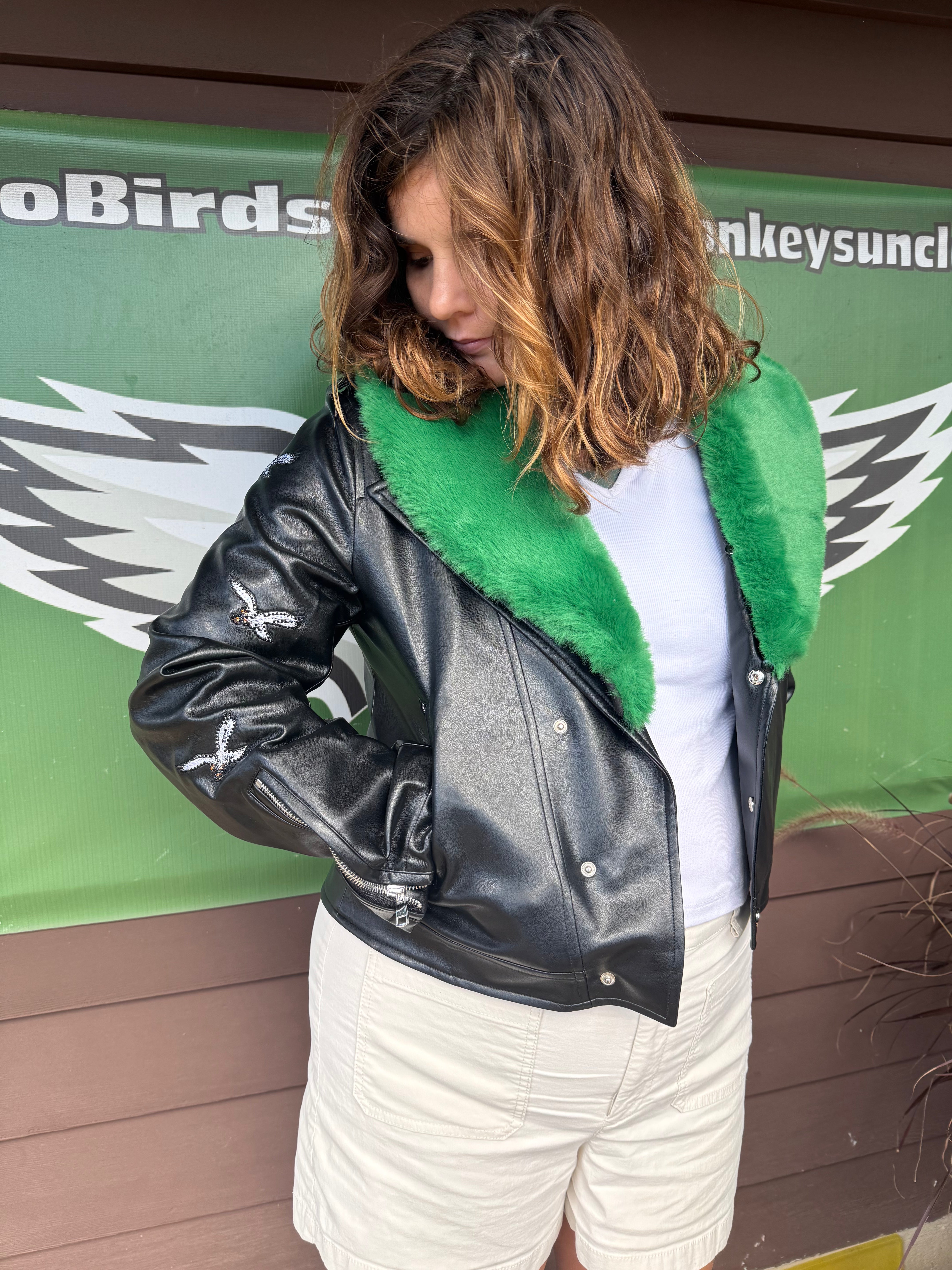 Ladies Eagles Vegan Moto Bling Jacket Removable Faux Fur Collar