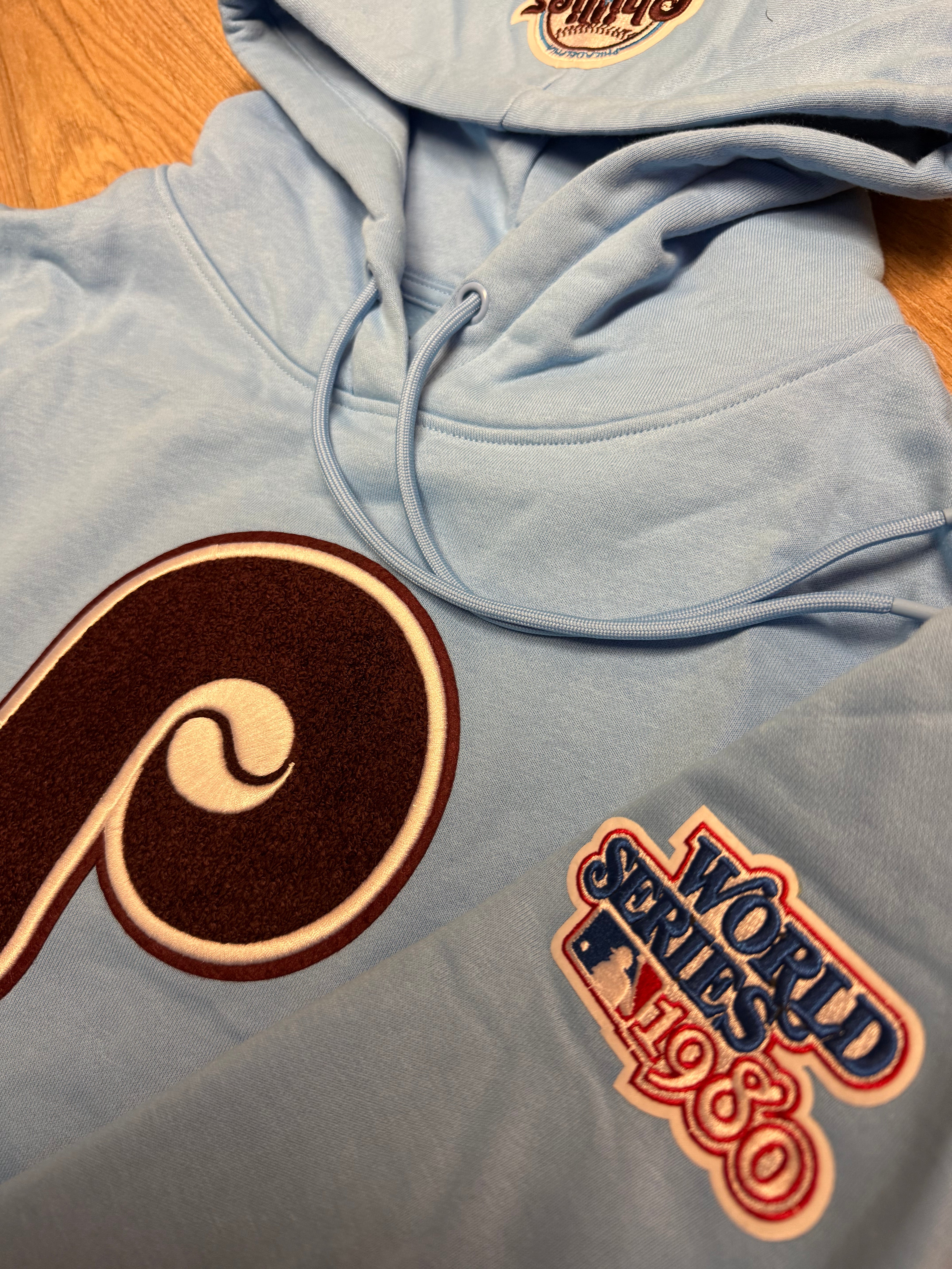 Ladies Phillies Retro Cropped Powder Blue Pullover Hoodie