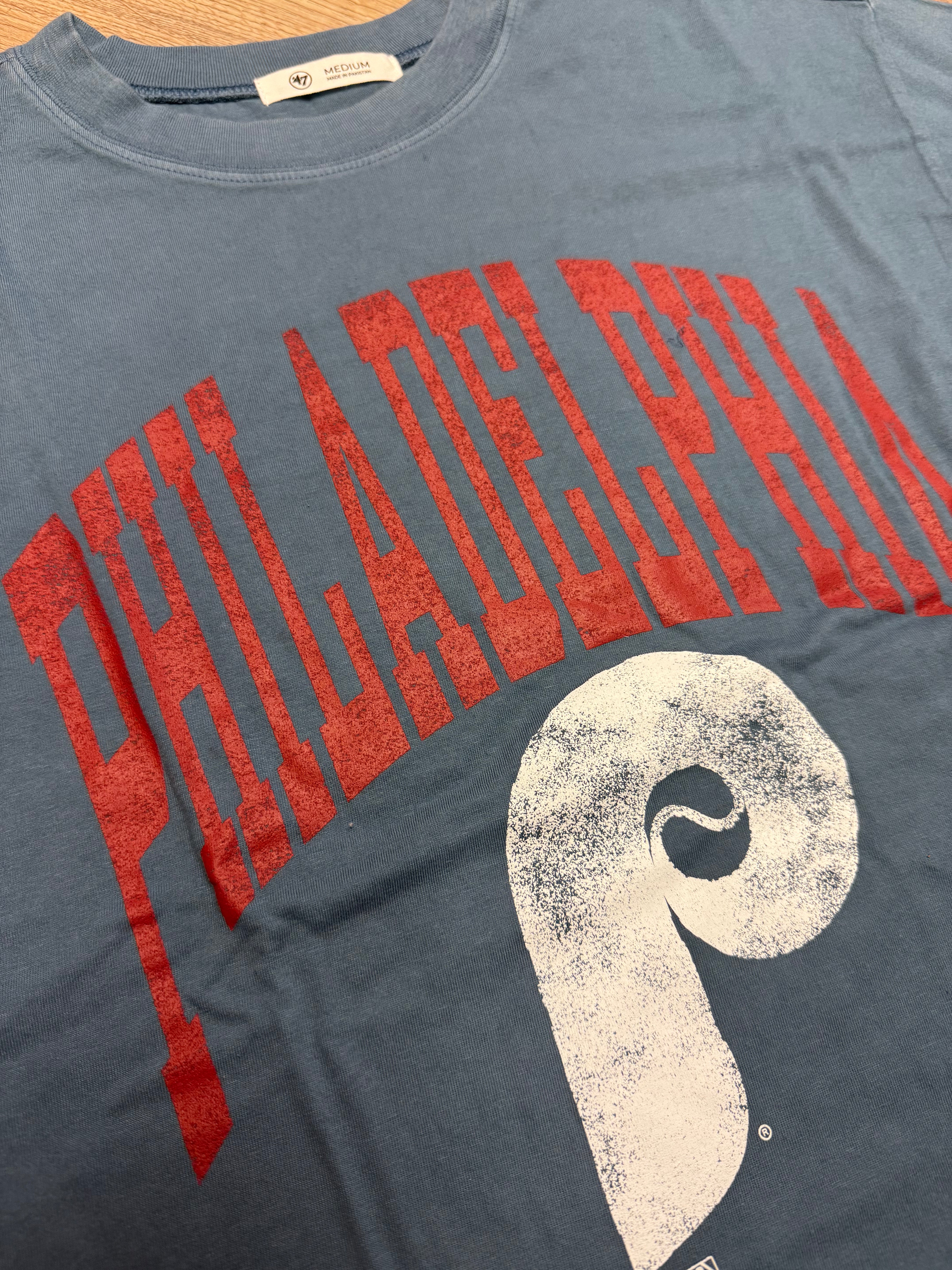 Ladies Phillies Cooperstown Dusted Timber Blue Shale Montauk Crop Tee