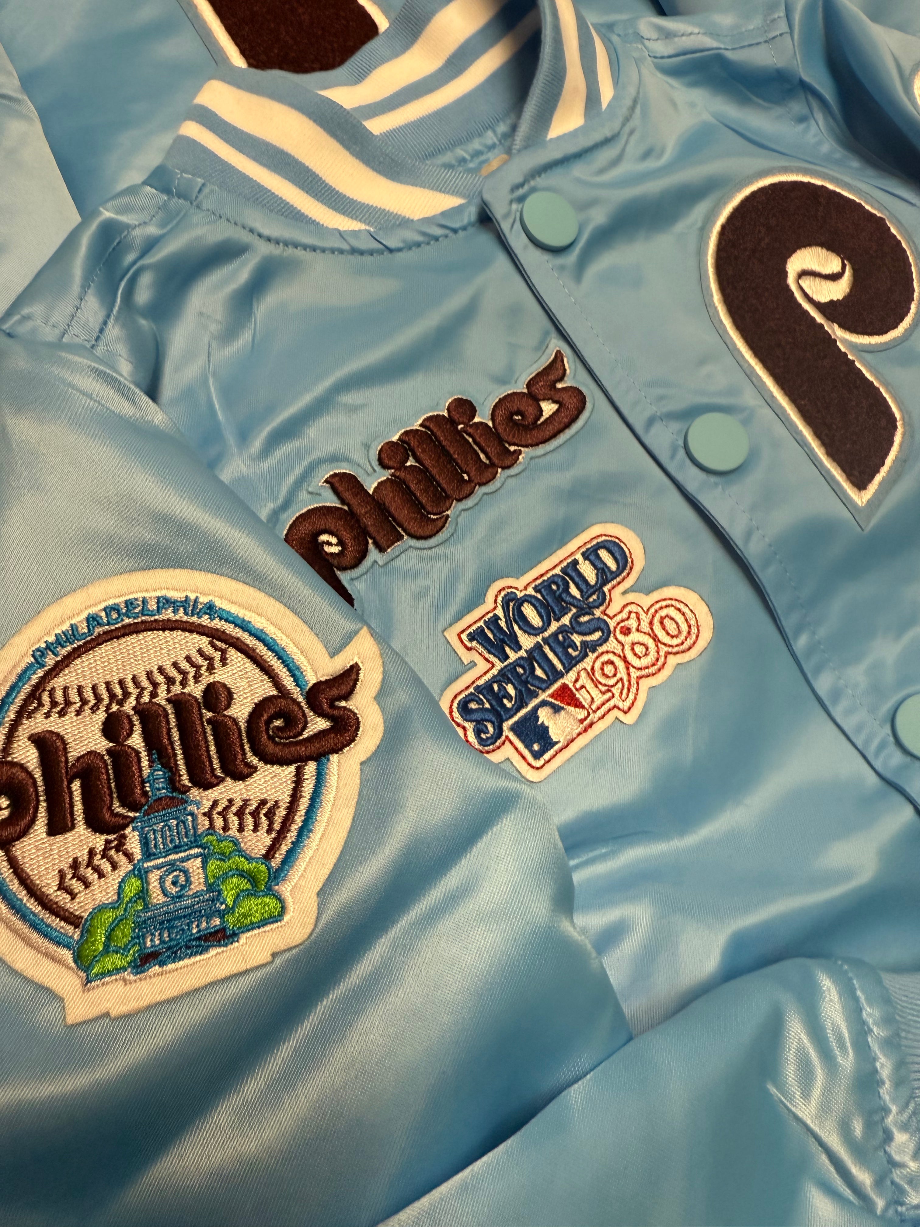 Phillies Toddler Throwback Satin Powder Blue Dugout Jacket