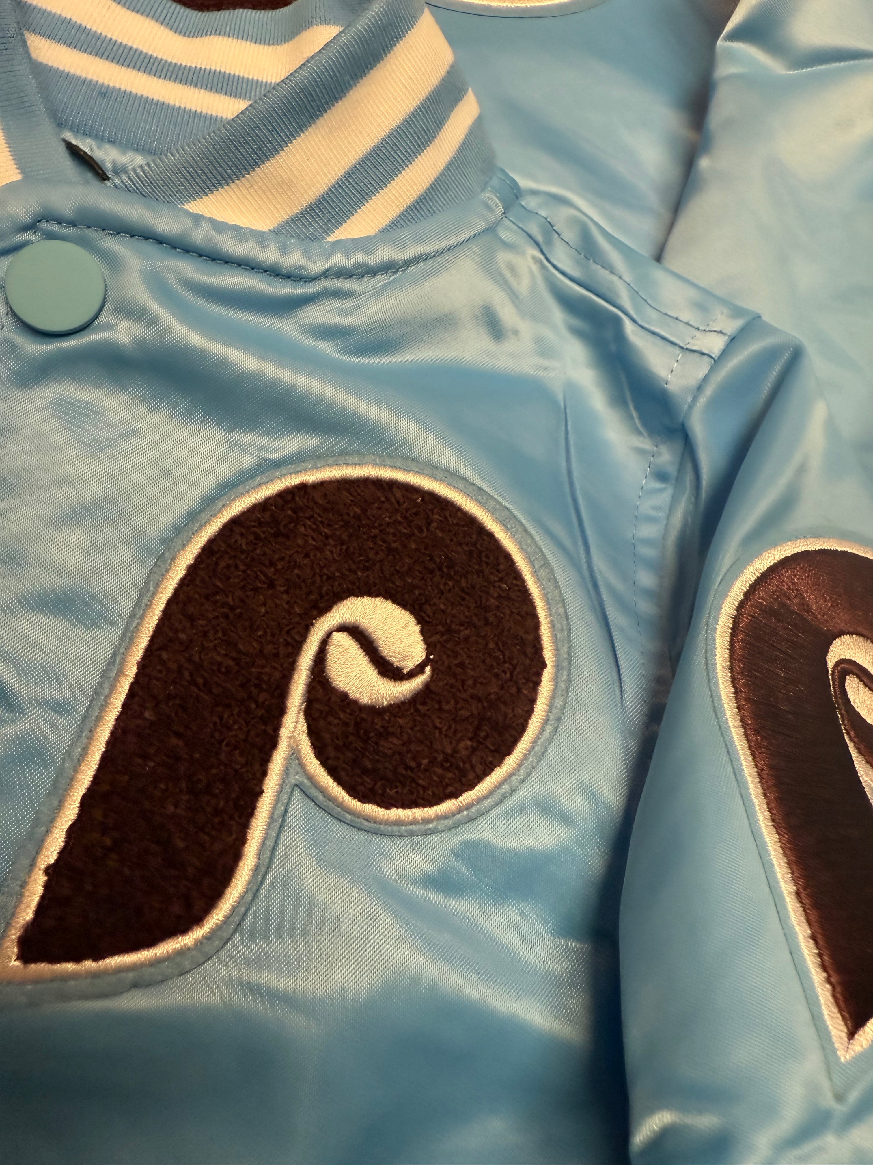 Phillies Toddler Throwback Satin Powder Blue Dugout Jacket