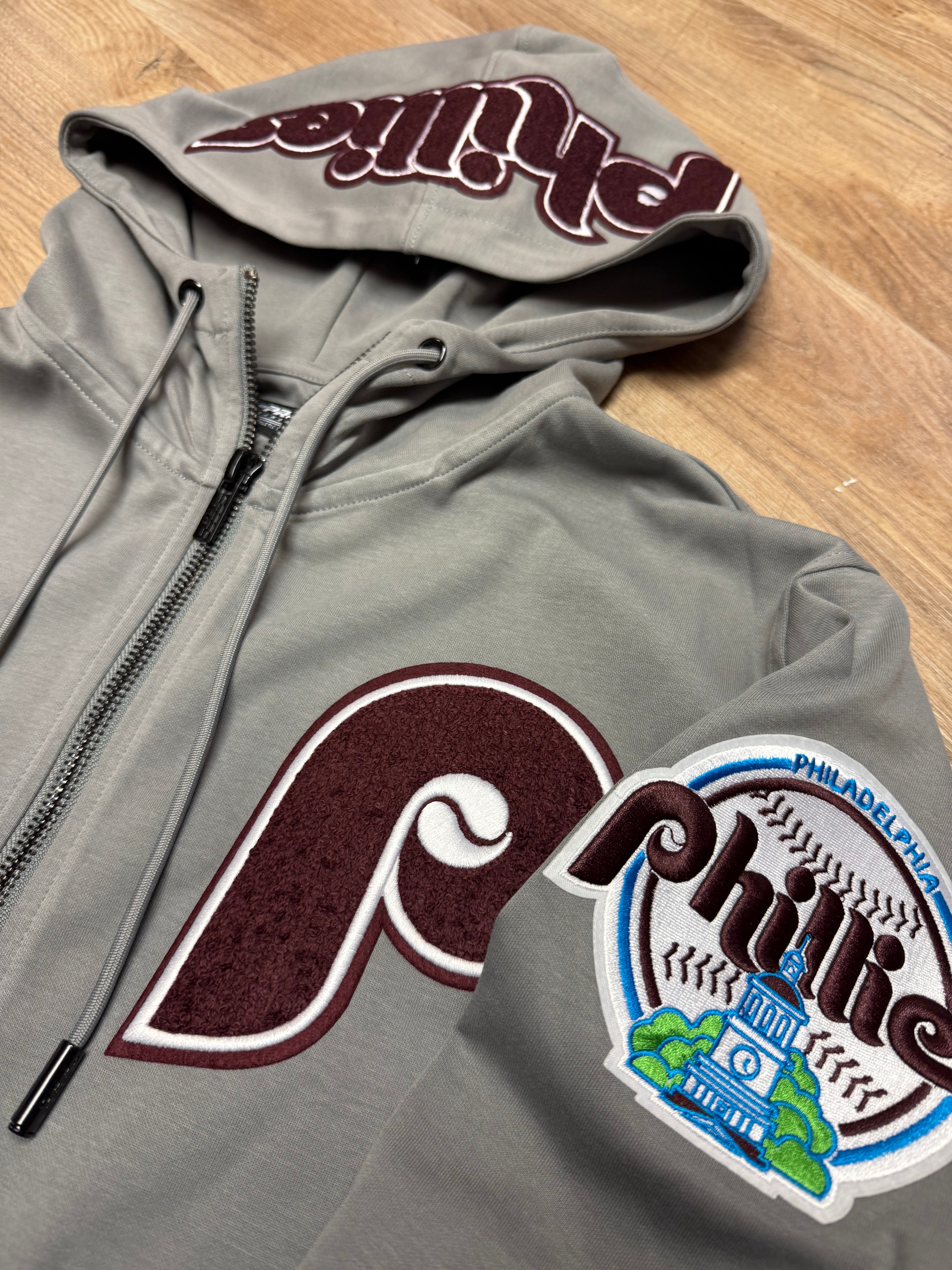 Phillies Throwback Full Zip Cement Embroidered Hoodie