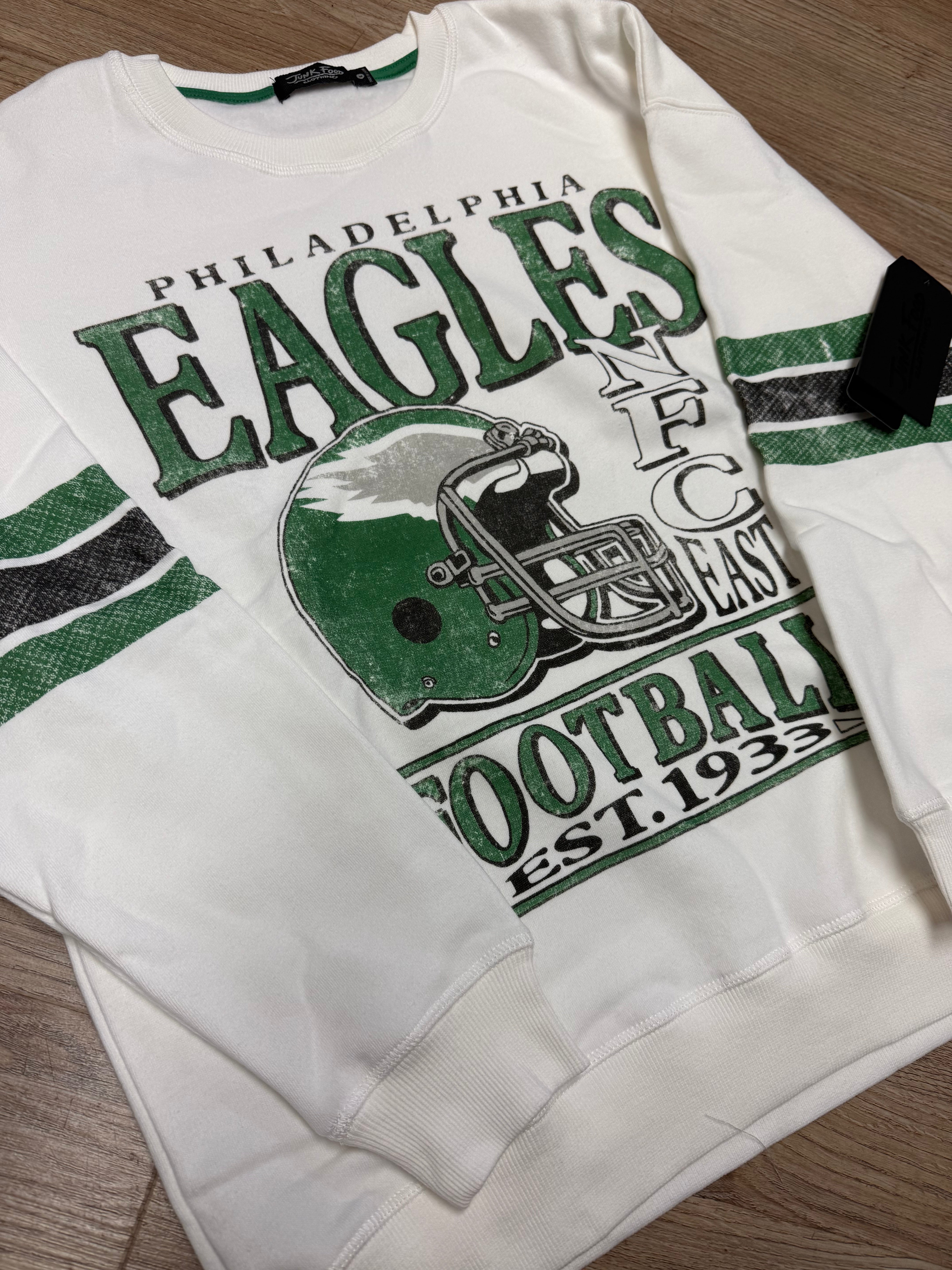 Ladies Eagles Oversized Vintage White Striped Crew Fleece