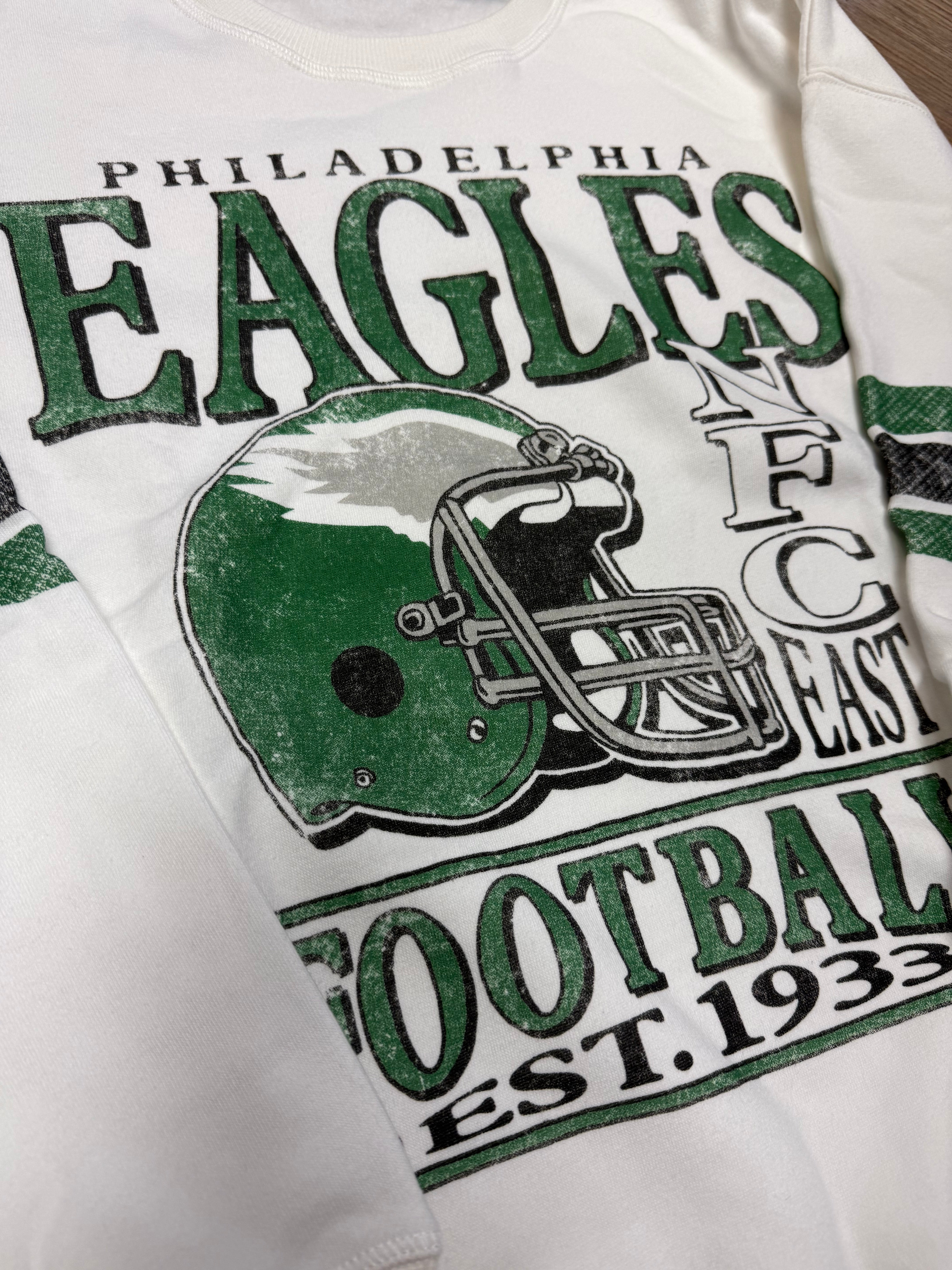 Ladies Eagles Oversized Vintage White Striped Crew Fleece