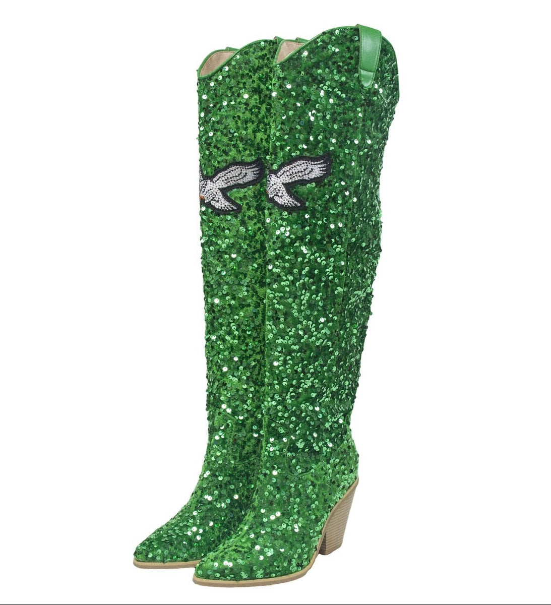 Kelly Green glittery knee-high boots with a white Eagles throwback bird, all in sequins.