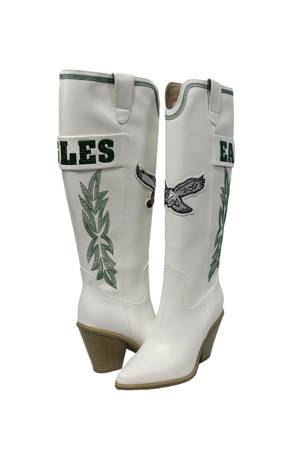 White Eagles Throwback boots with green sequins and text reading EAGLES, with a white thowback bird made from sequins. 
