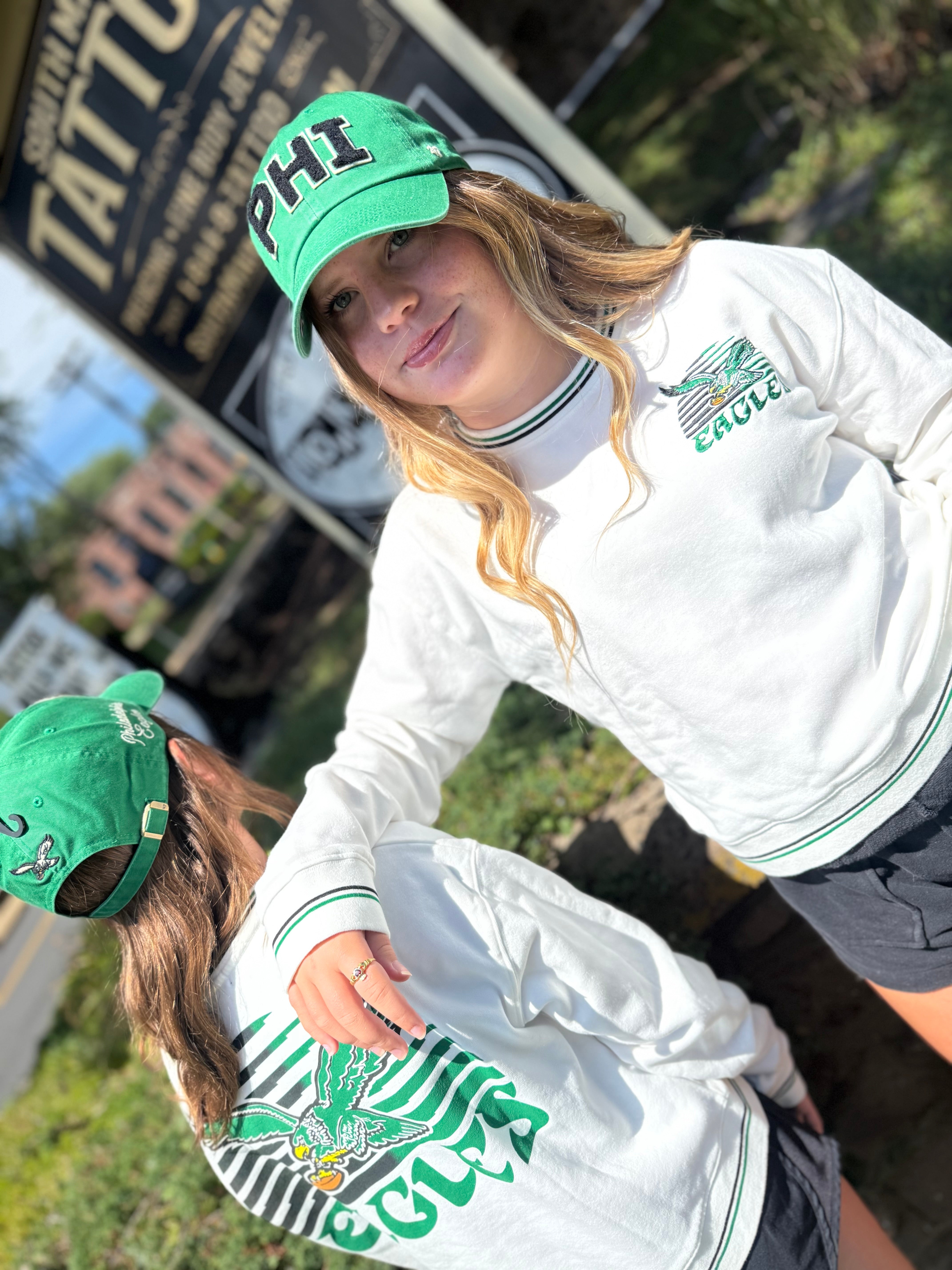Ladies Eagles Vintage White Striped Rib fleece