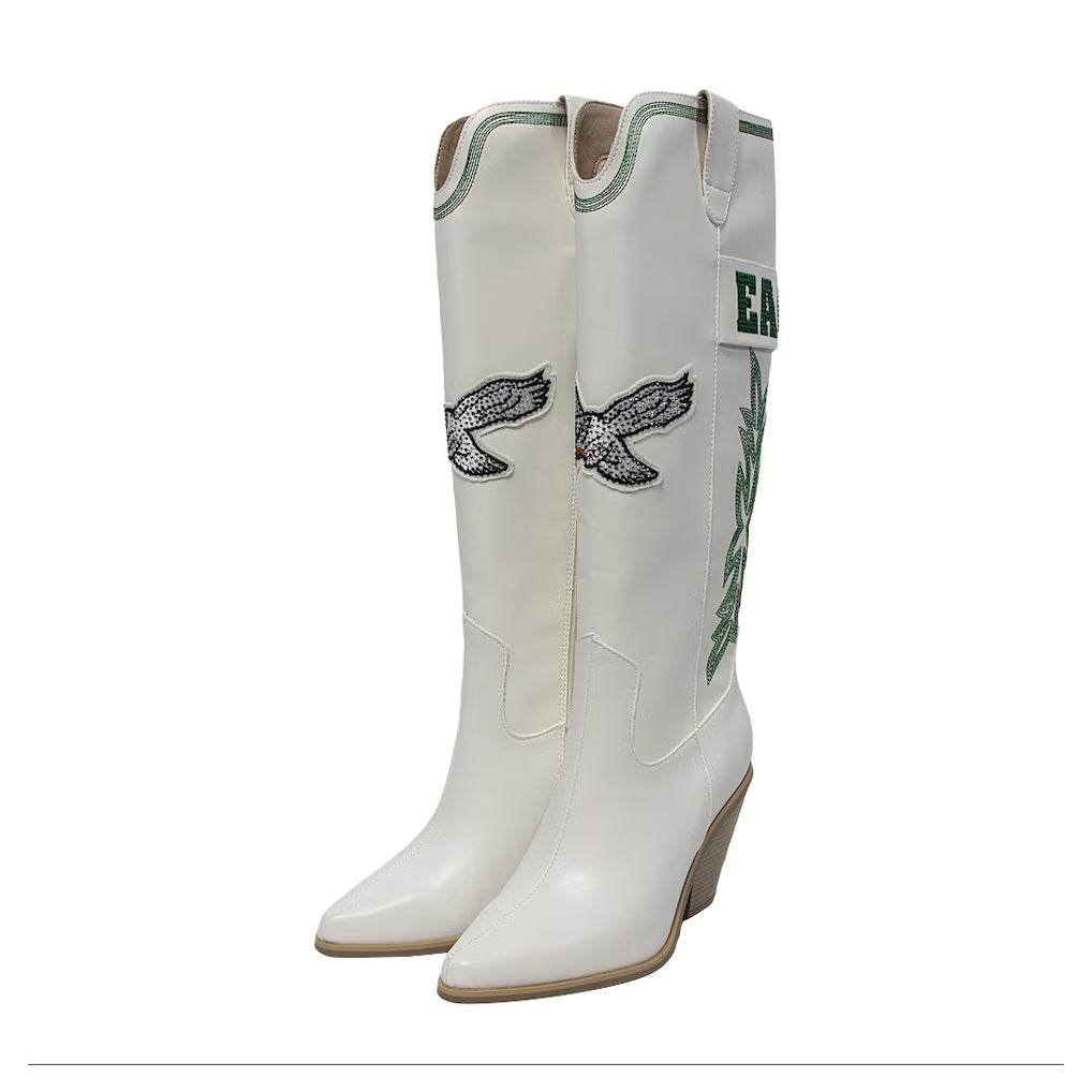 Ladies Eagles White Knee High Embroidered Boots