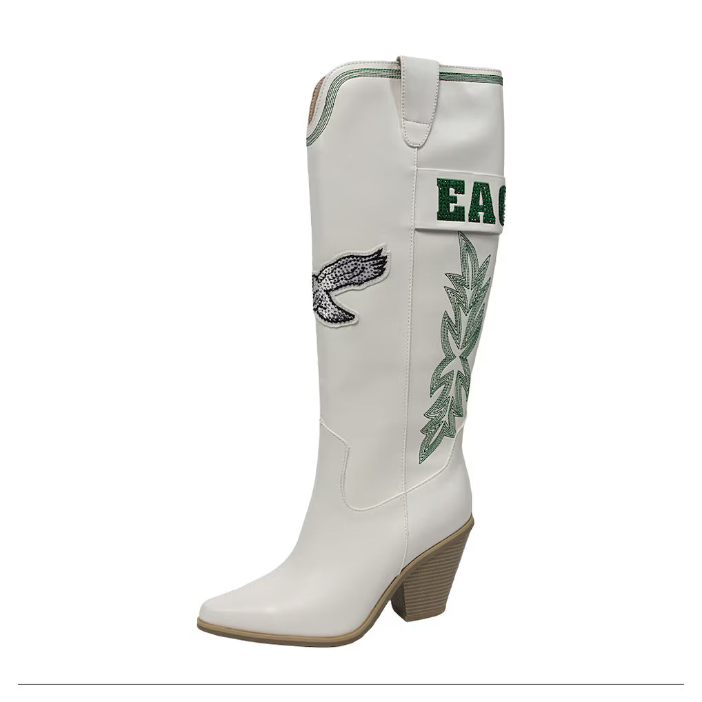 Ladies Eagles White Knee High Embroidered Boots