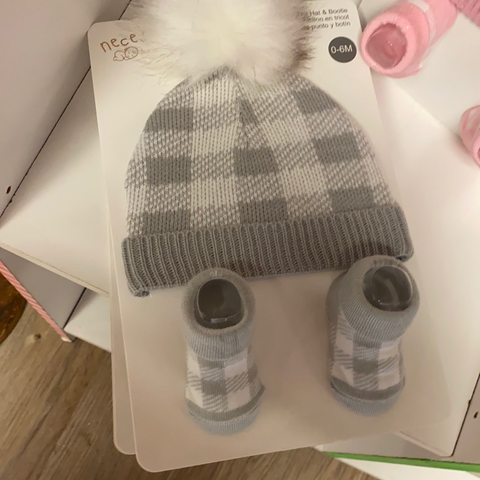 Grey check baby bootie and knitty